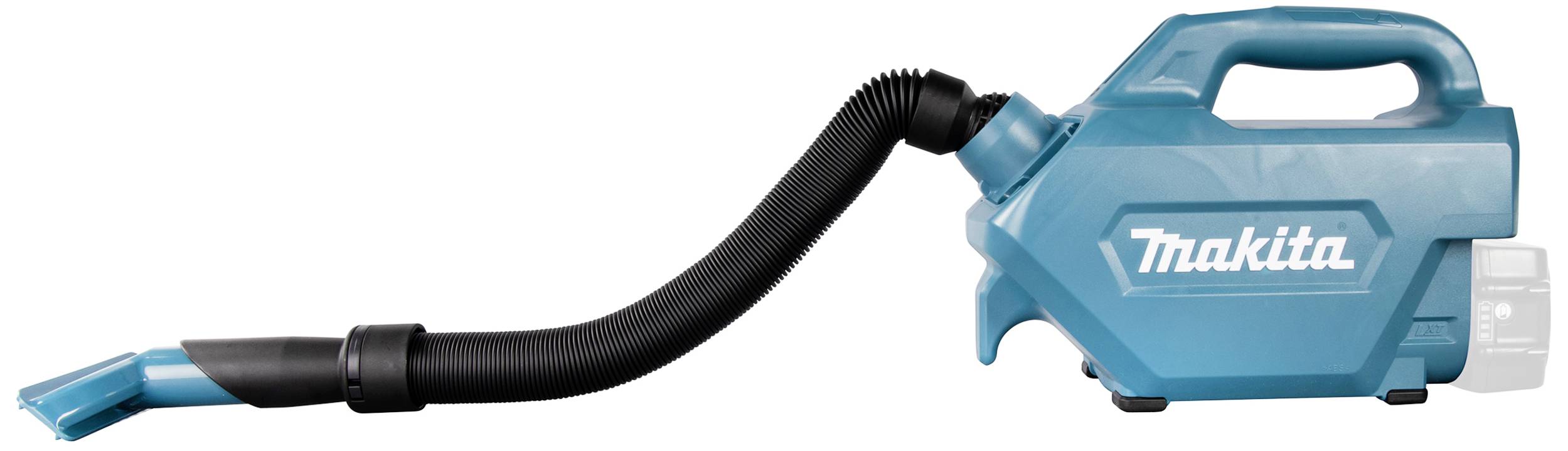 A portable vacuum cleaner with a flexible hose and nozzle, suitable for cleaning small areas. The device is blue with a handle.