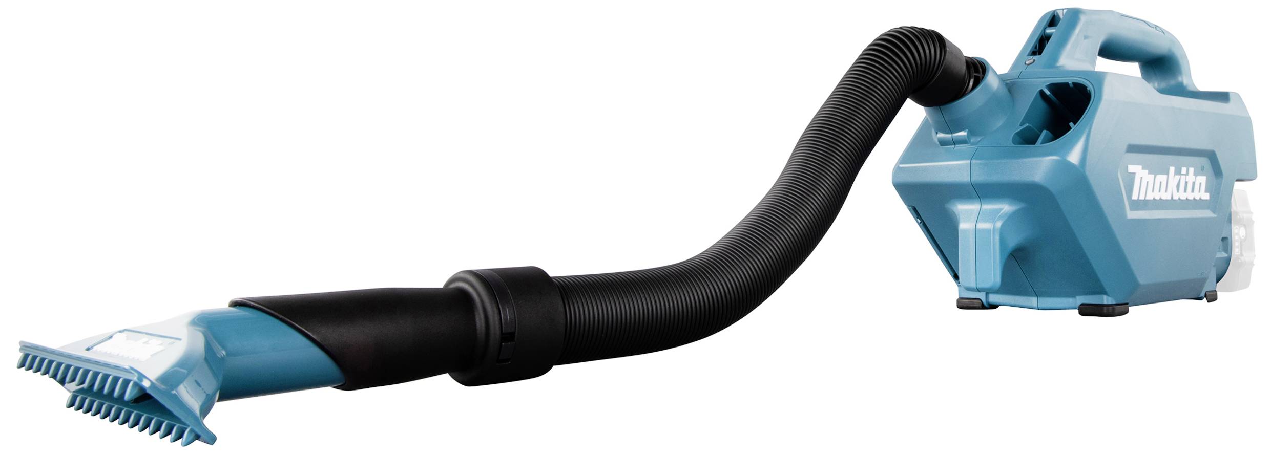 A blue cordless vacuum cleaner with a flexible suction tube. Suitable for cleaning corners and hard-to-reach areas.