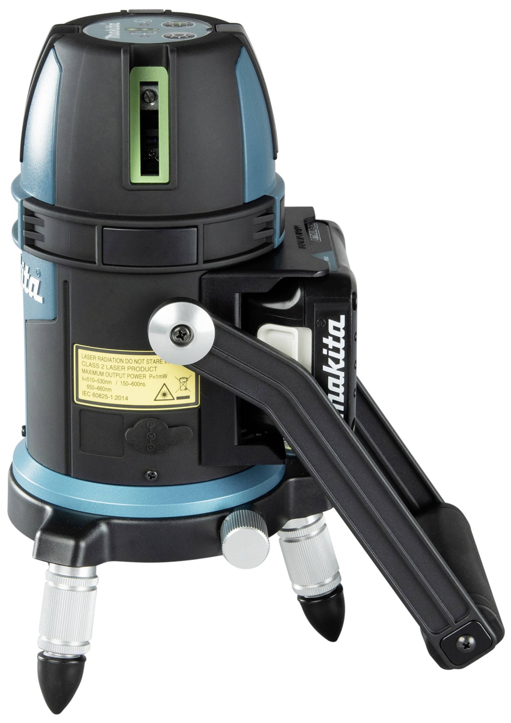 A Makita laser levelling device with three legs. It has a cylindrical shape, is black and blue, with a green laser window on top.