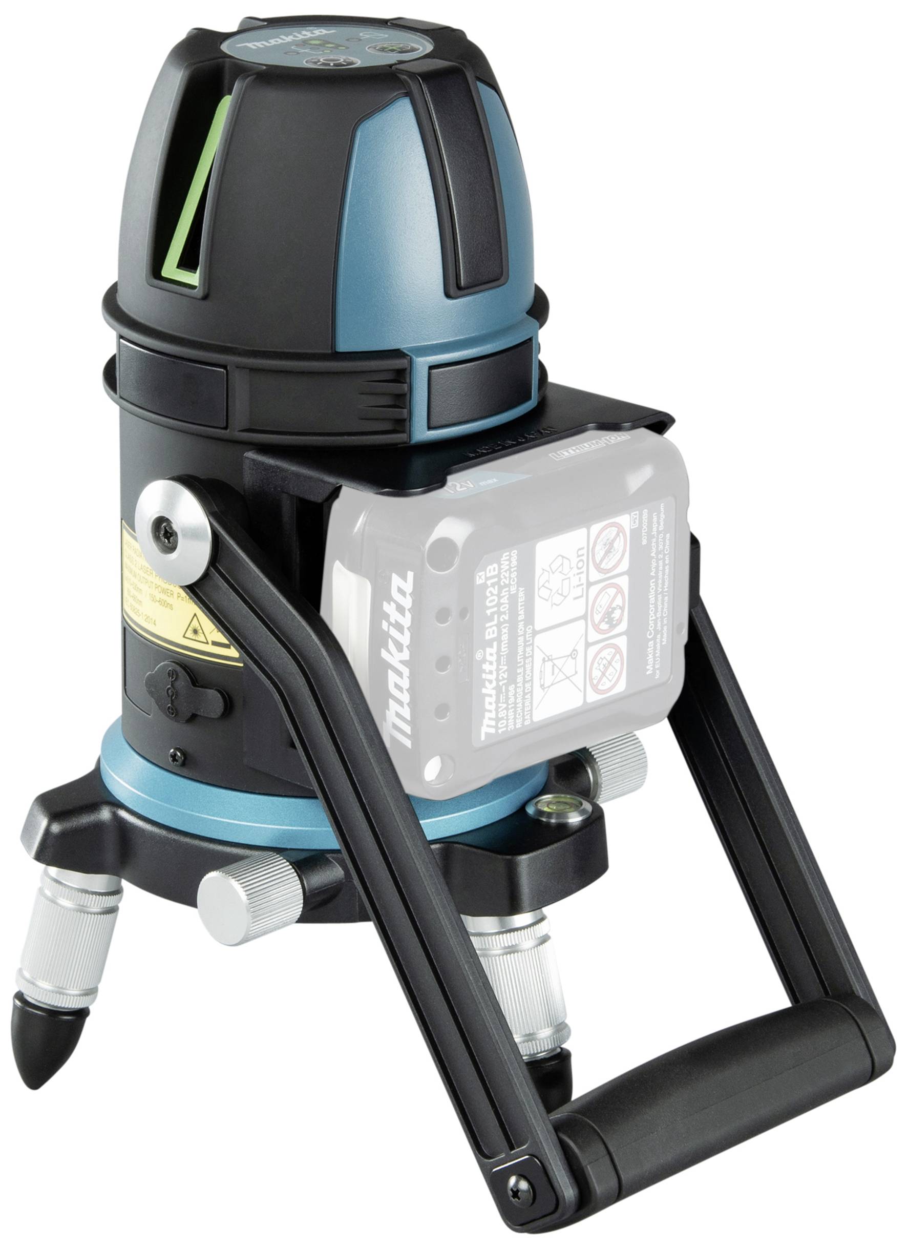 Compact laser distance meter with stable feet and vertical and horizontal laser beams, suitable for precise measurements.