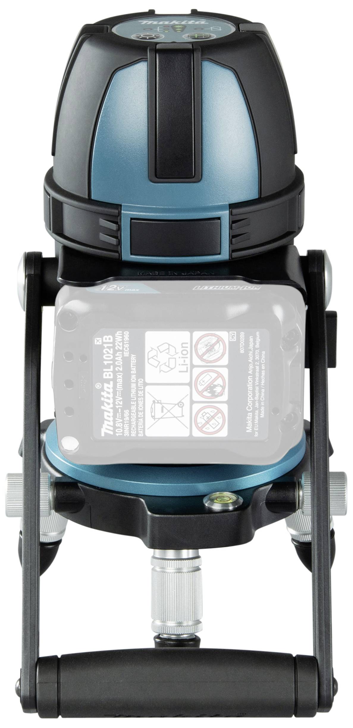 A navy blue and black, portable laser level on an adjustable tripod with a visible battery cover and instructions.