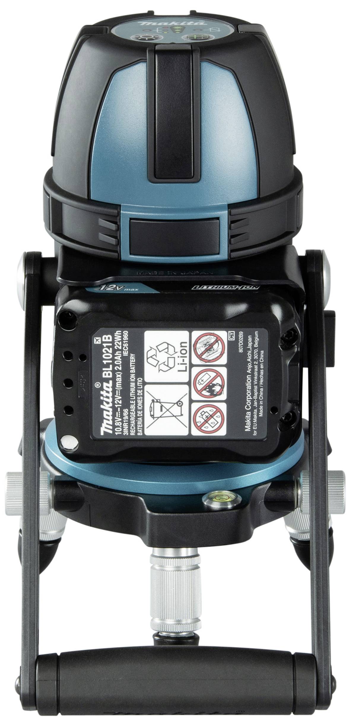 Blue and black laser measuring device with multiple buttons and warning labels on the front. Suitable for precise construction applications.