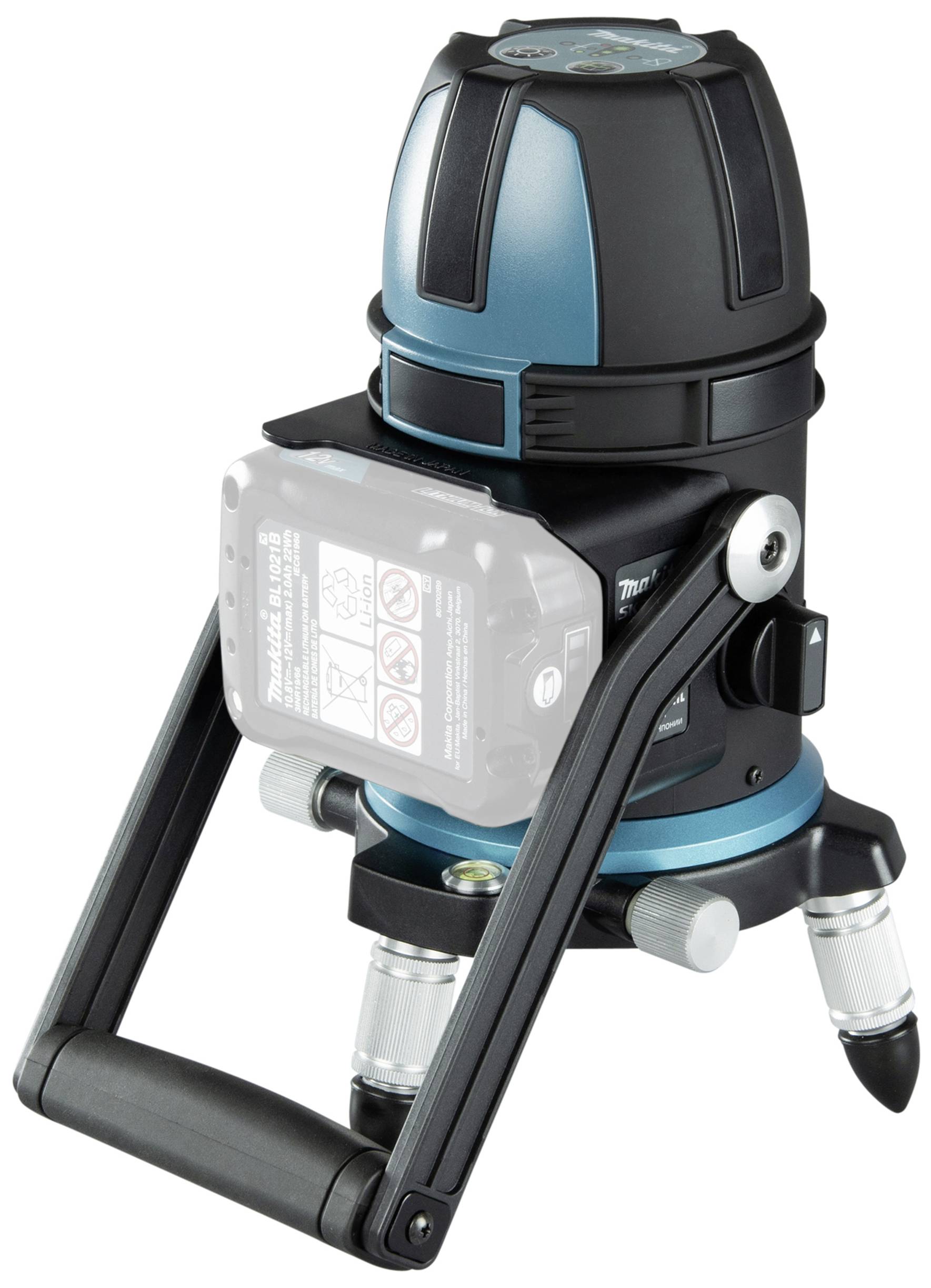 A blue and black cross-line laser on a tripod, used for precise levelling and surveying in construction projects.