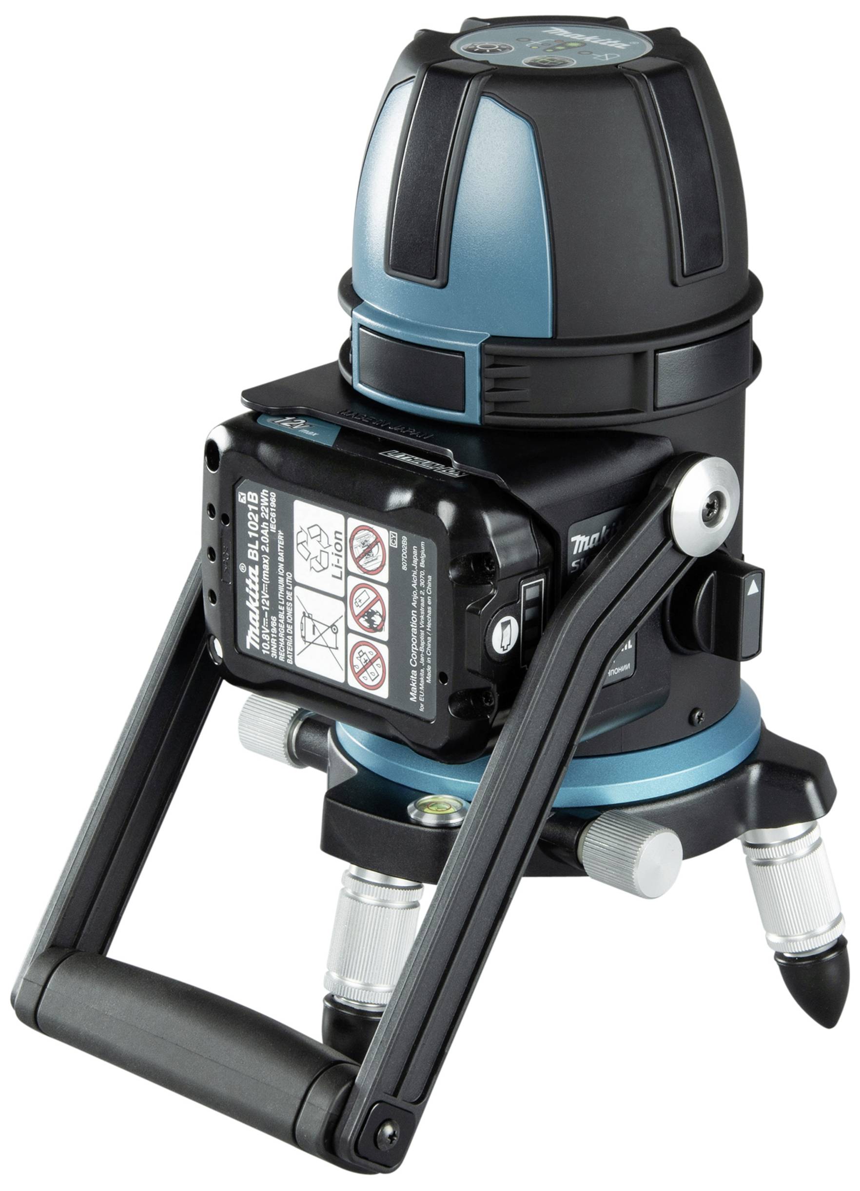 A navy-blue laser level with adjustable legs and carrying handle, suitable for precise measurements and levelling in construction.