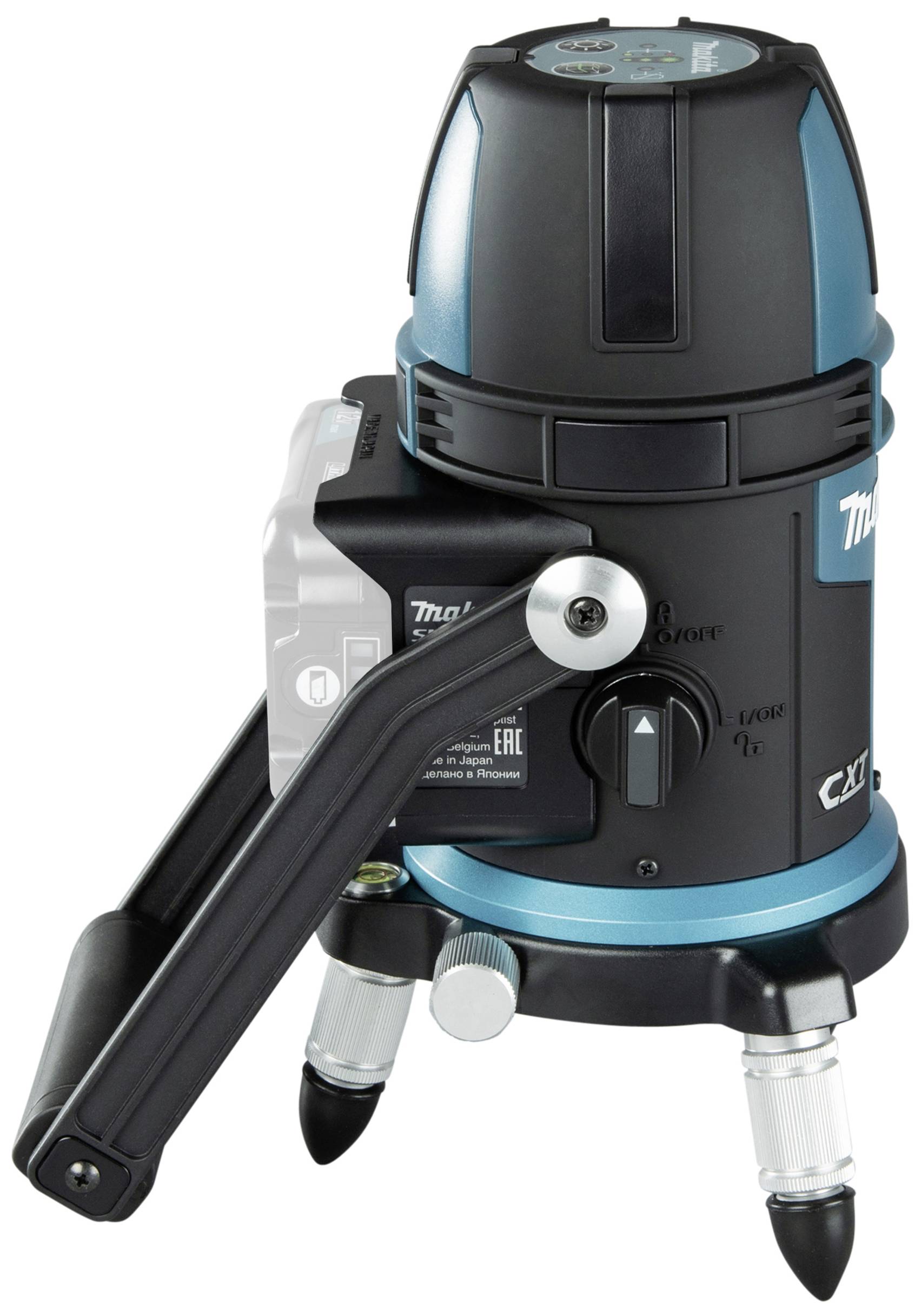 A portable, blue laser level with a black housing, mounted on three adjustable legs, for precise alignment.