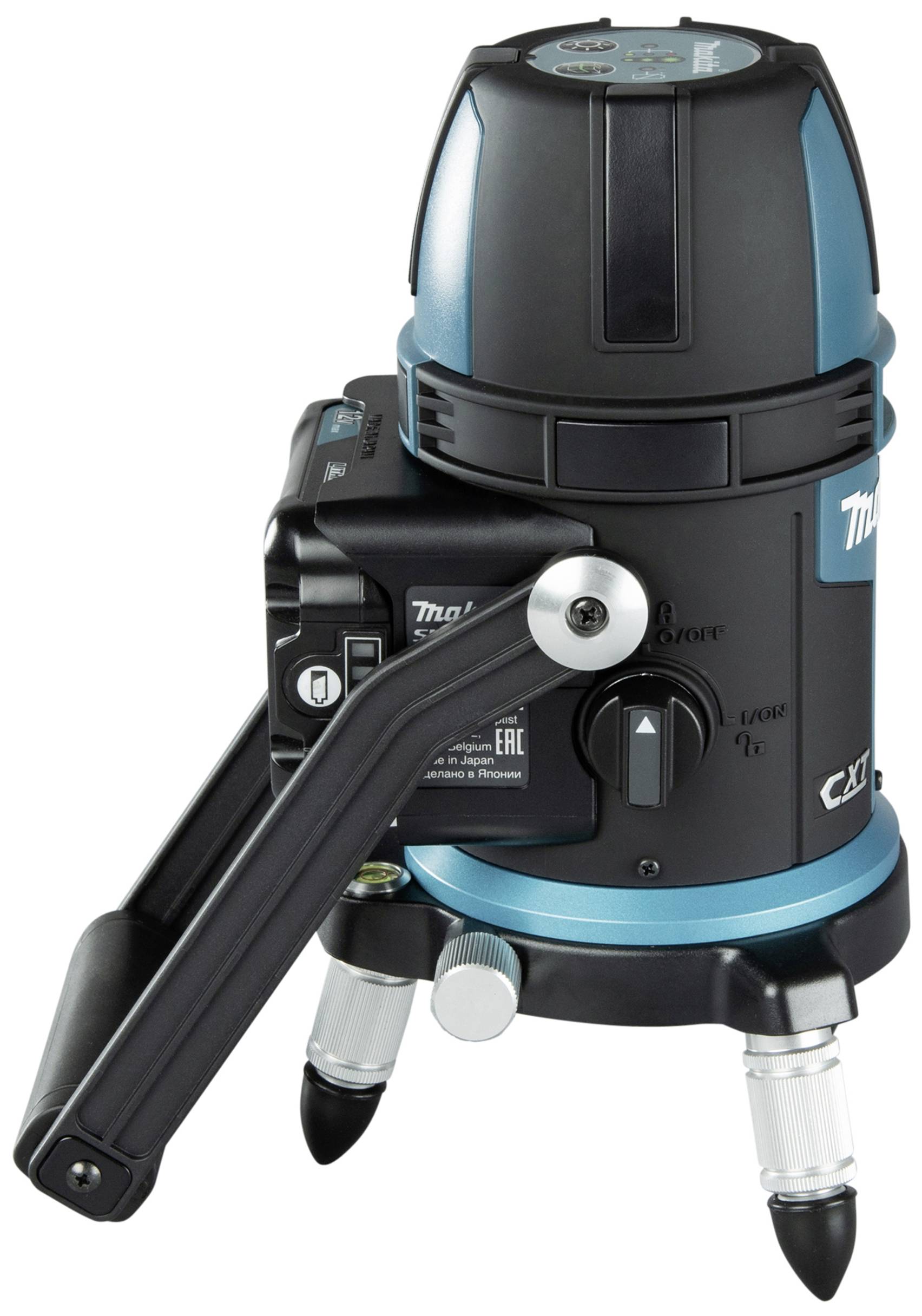 A navy blue laser level stands on three adjustable legs. The display shows various modes and settings.