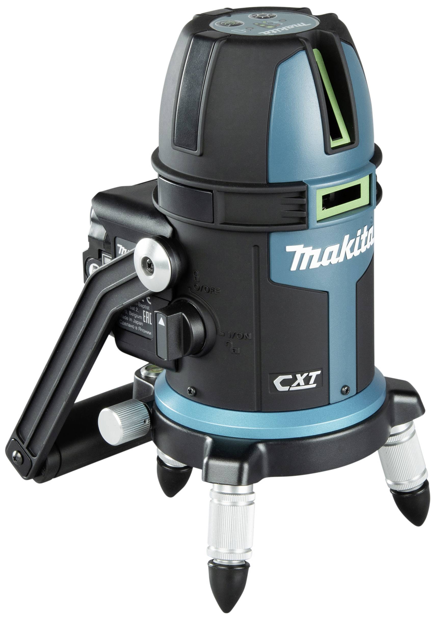 A navy blue and black self-levelling 3D laser, standing independently on three metal legs. The laser device is from the Makita brand.