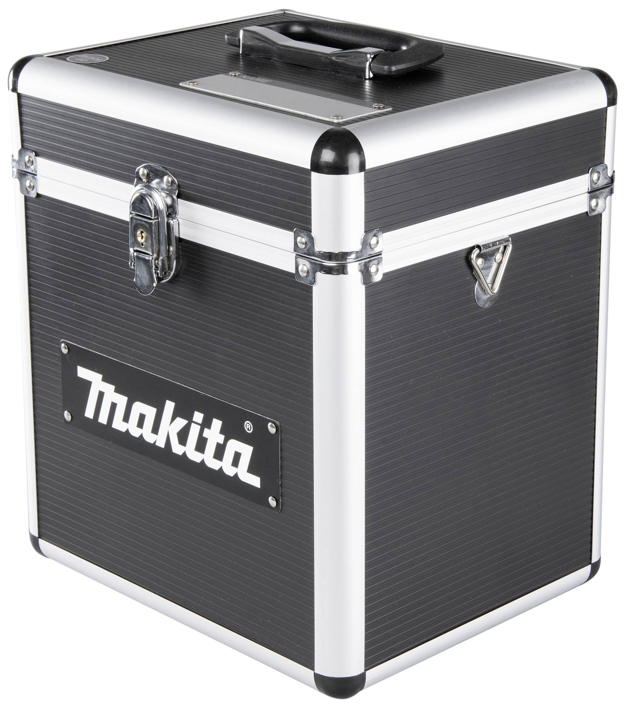 Black tool case with silver edges, metal clasps and handle. On the side it reads 'Makita'.