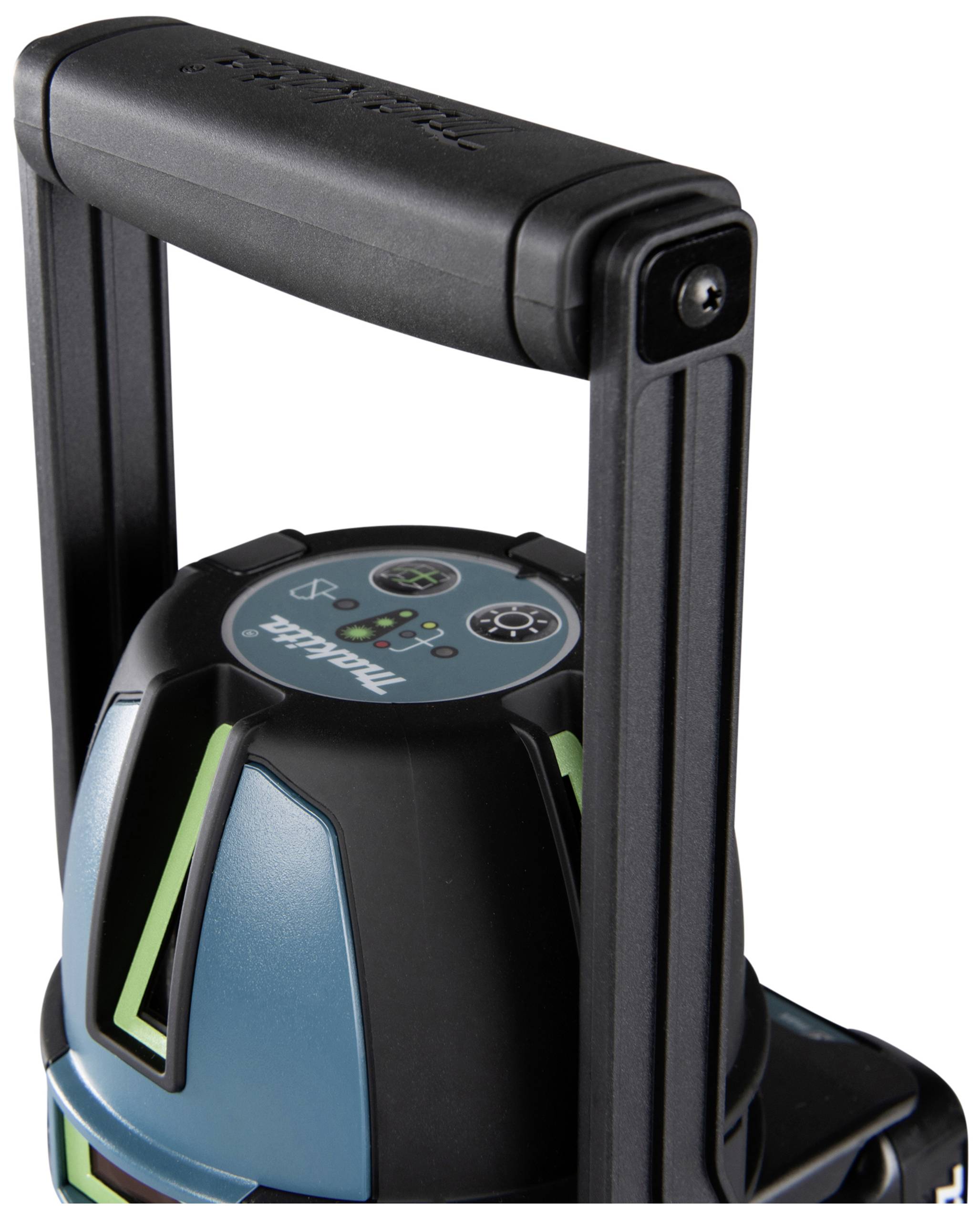 A blue, portable laser levelling device with a handle and controls on top, suitable for construction work or DIY projects.