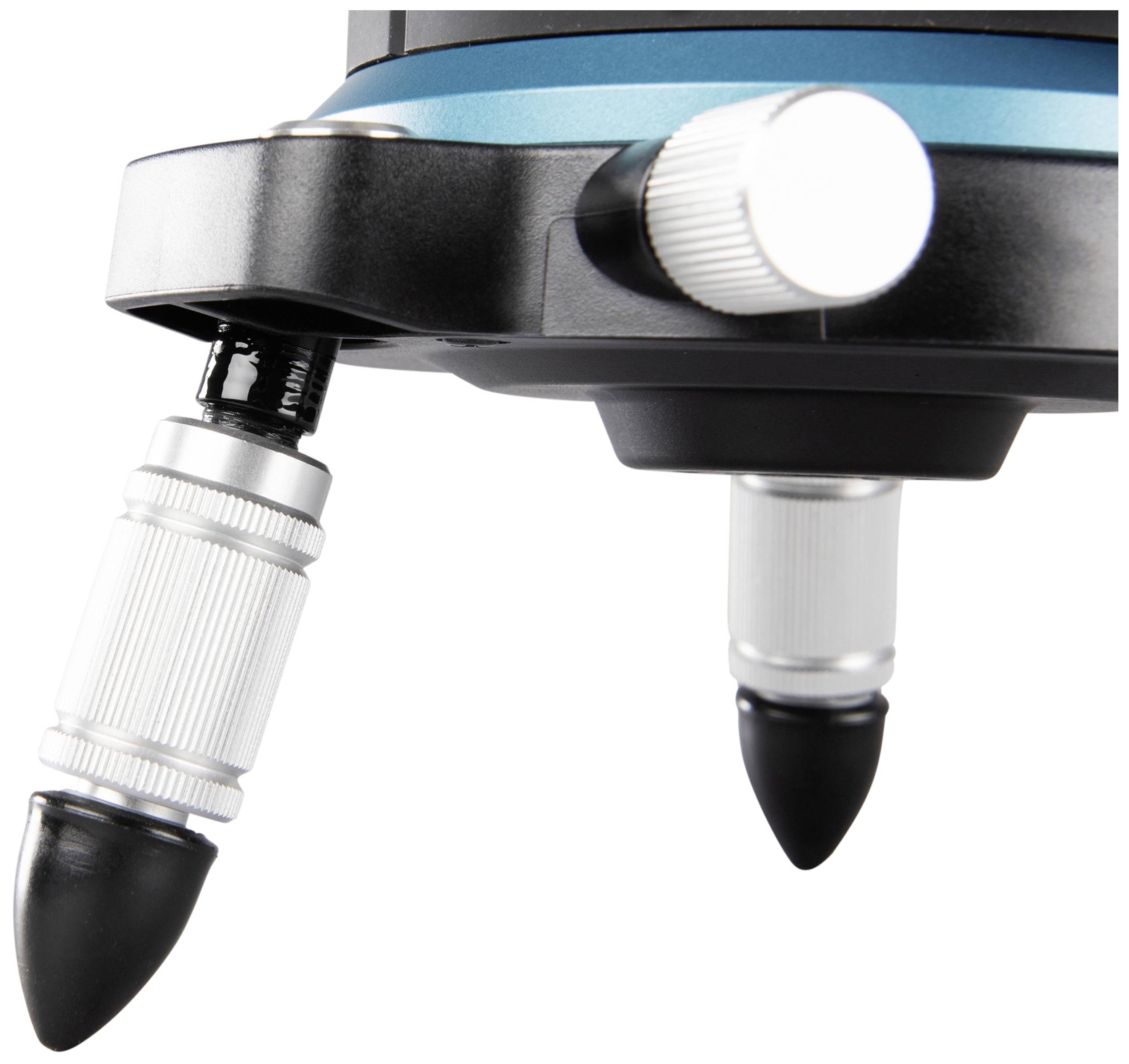 Close-up of a device with two metal points covered by black rubber caps, housed in a black and blue casing.