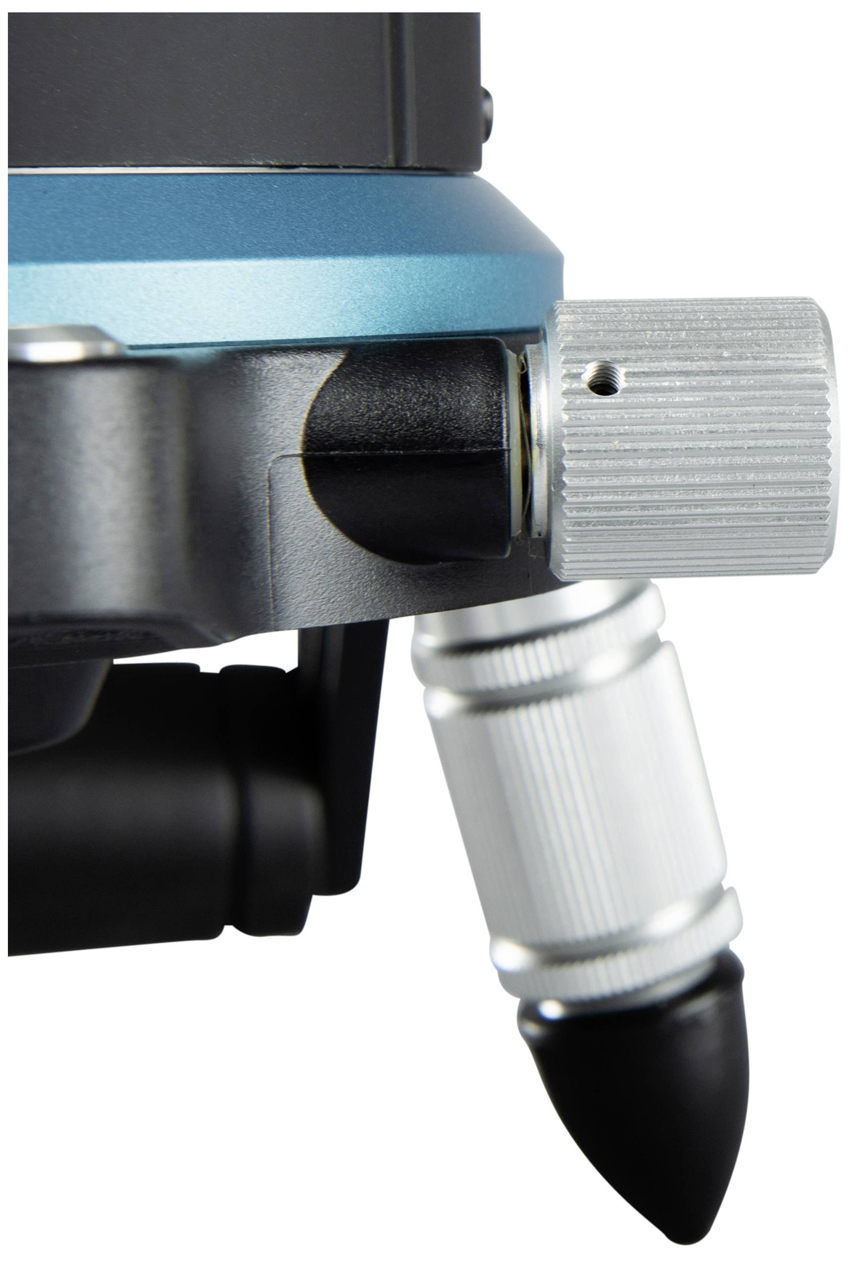 Close-up of a silver micrometre with a blue element and black tip, presumably part of an optical instrument or measuring device.