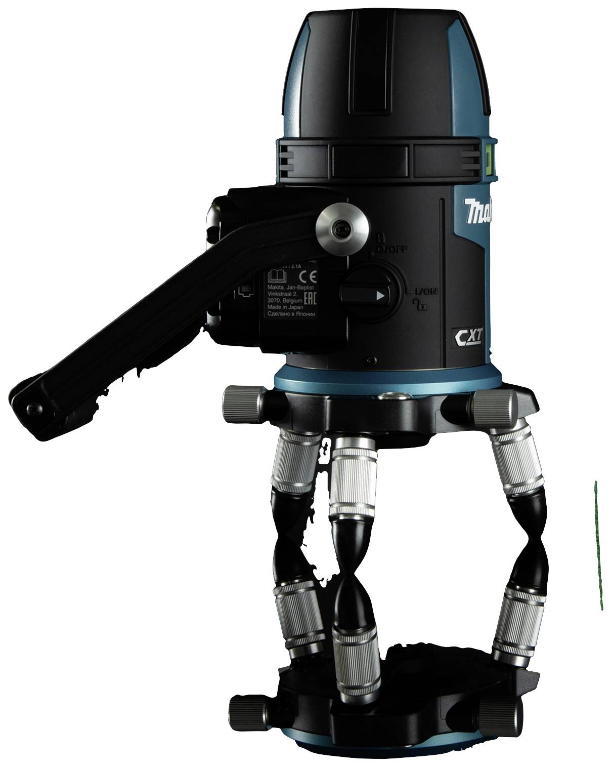 Black and blue laser level with a rotatable head and multiple levelling feet for precise surveying work.