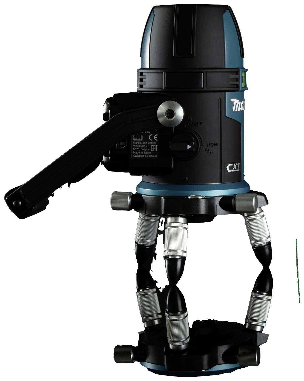 Black and blue laser level with a rotatable head and multiple levelling feet for precise surveying work.