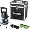 A green Makita rotary laser with three tripod feet, transportable hard case, green safety glasses, and black carrying strap.