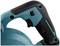 Close-up of a blue and black tool handle with a switch and screws. The focus is on the textured surface.