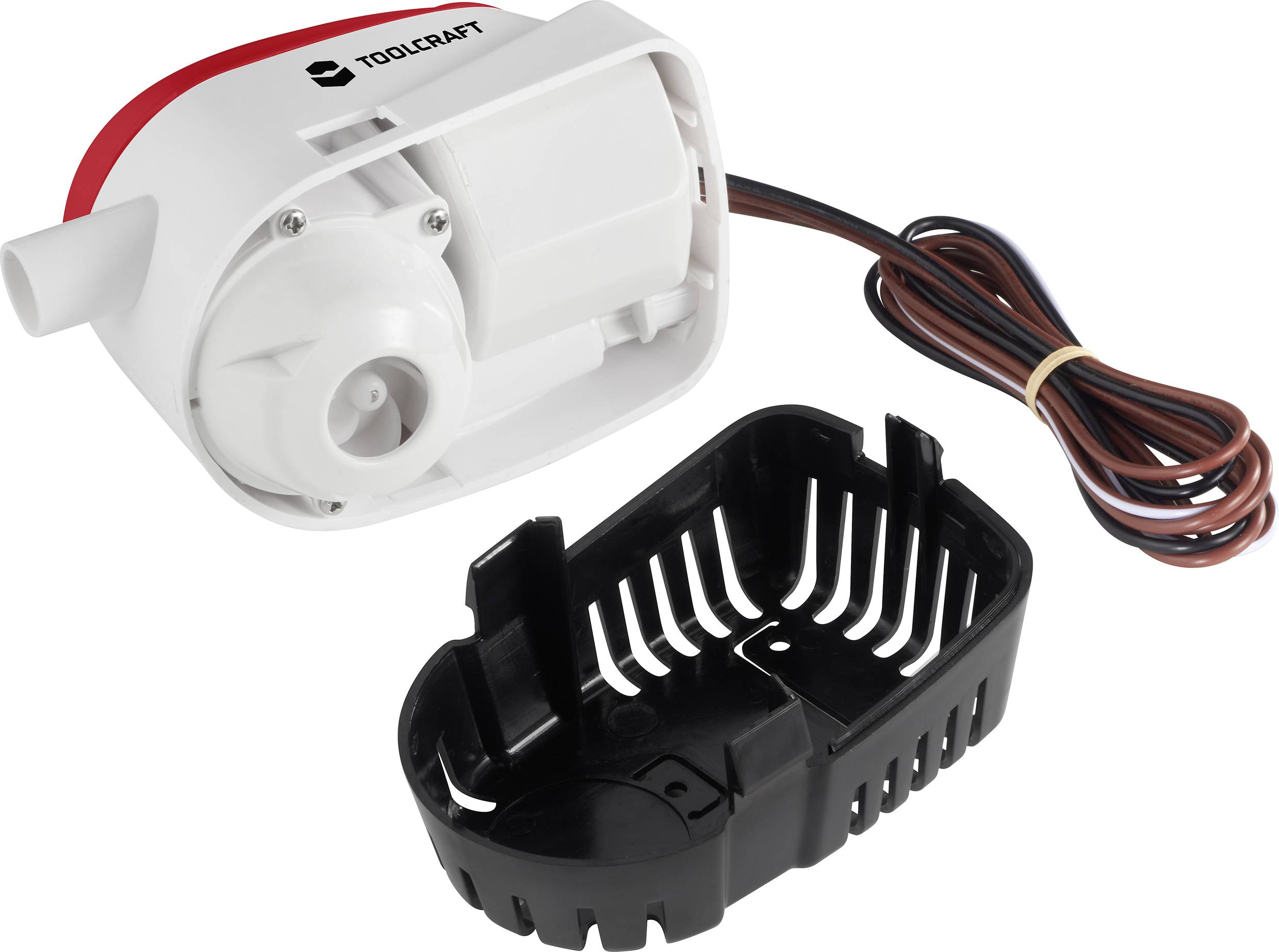 'White water pump with black cover and cable. Suitable for various water pumping applications.'