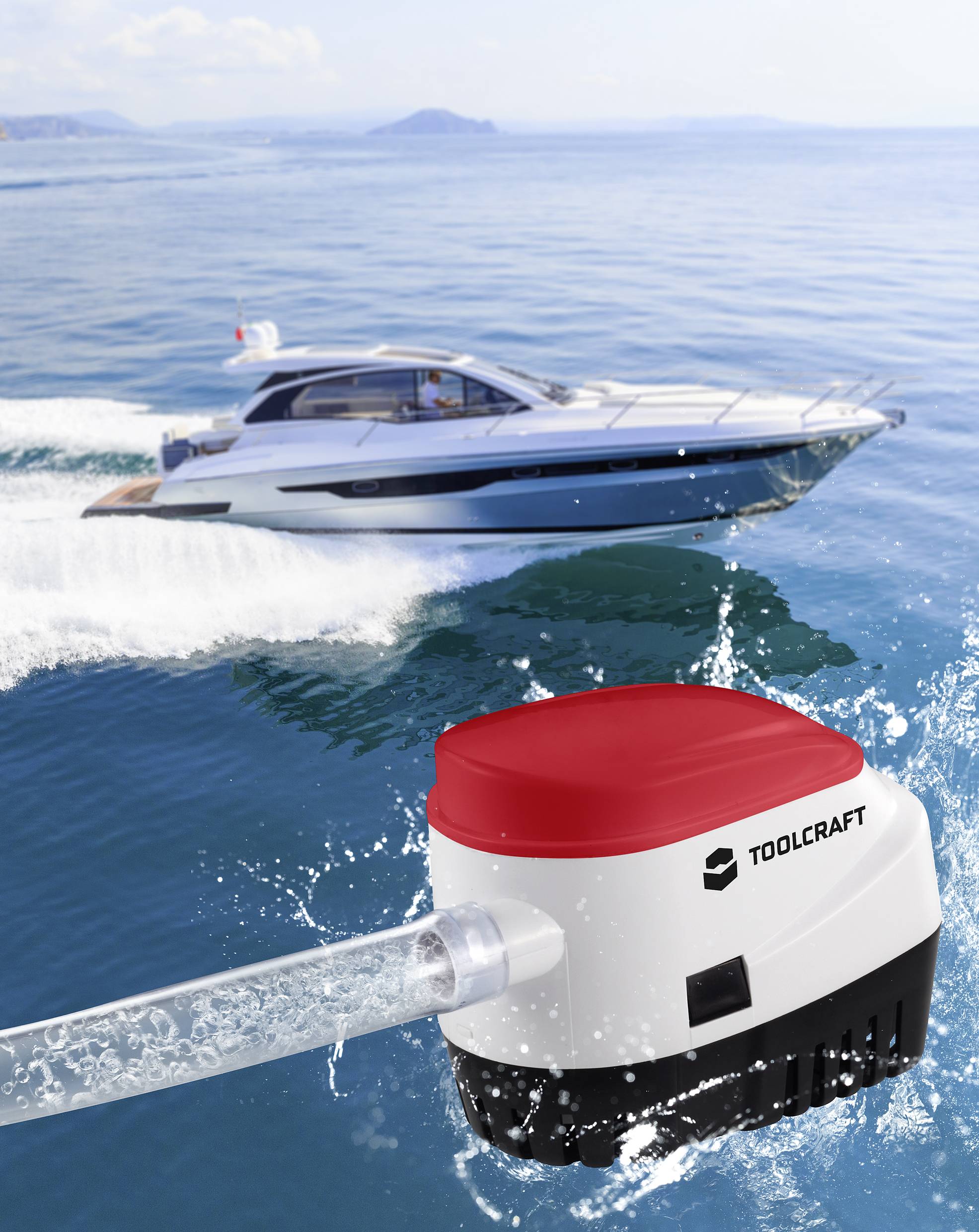 A motorboat speeds across the sea. In the foreground, a TOOLCRAFT water pump with a water discharge hose is visible.