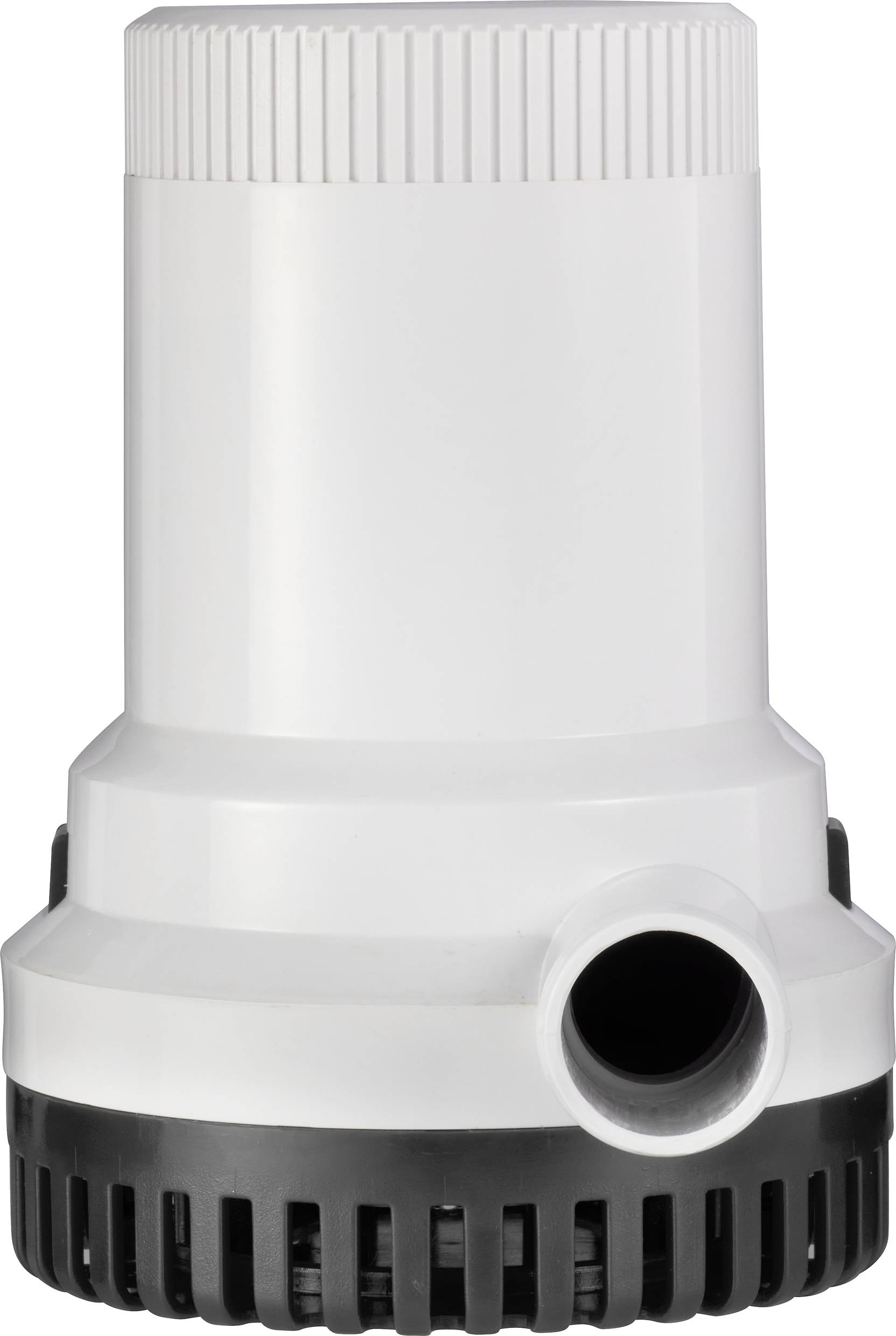 White cylindrical pump with black base and side pipe connection, standing upright.