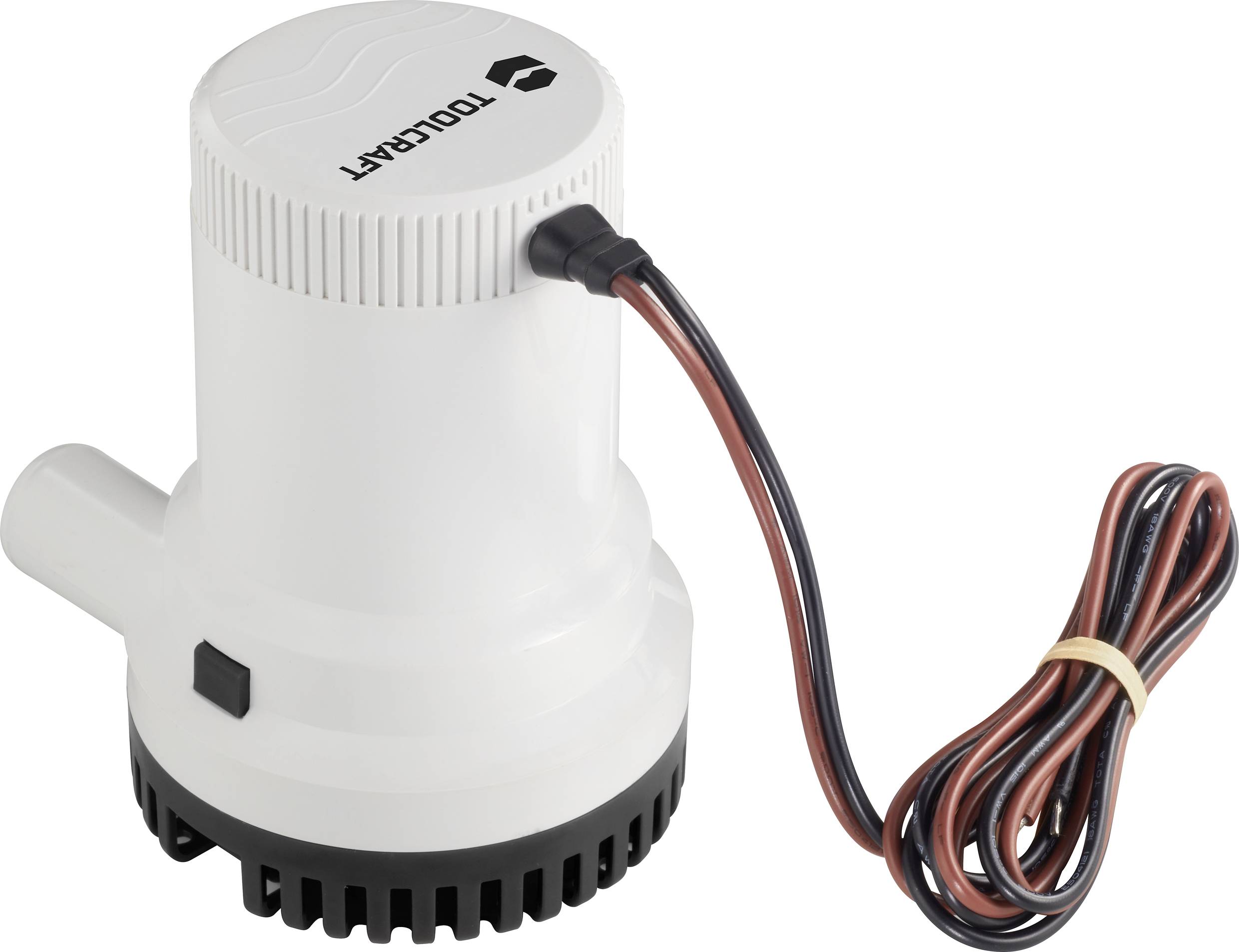 White electric pump with cable, suitable for water applications. Robust plastic housing with wavy slotted design on top.