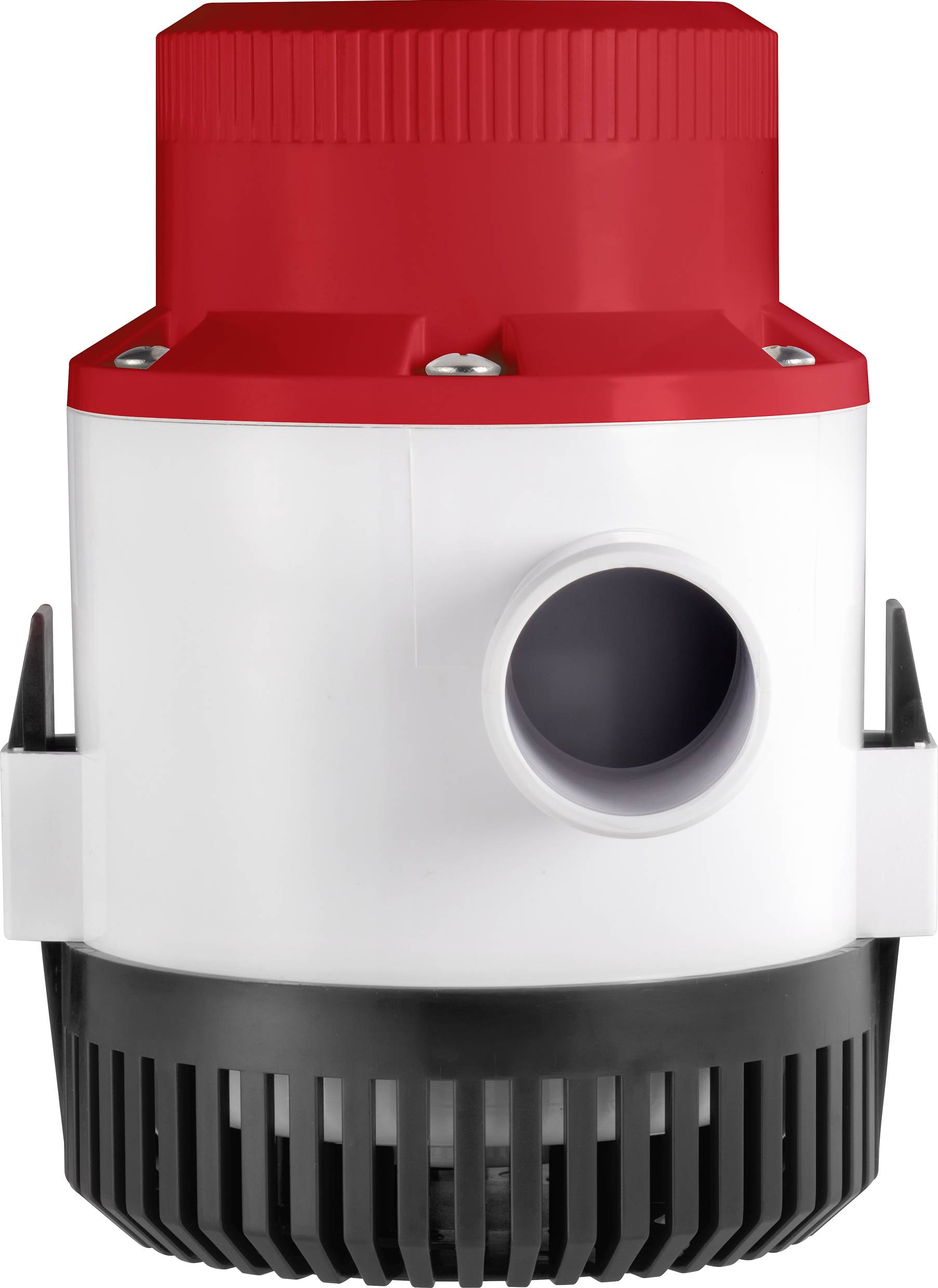 An electric water pump with a red casing and black grille at the bottom, suitable for use in boats or aquariums.
