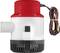An electric water pump with a red and white casing, black intake filter, and brown power cable, suitable for small boats.