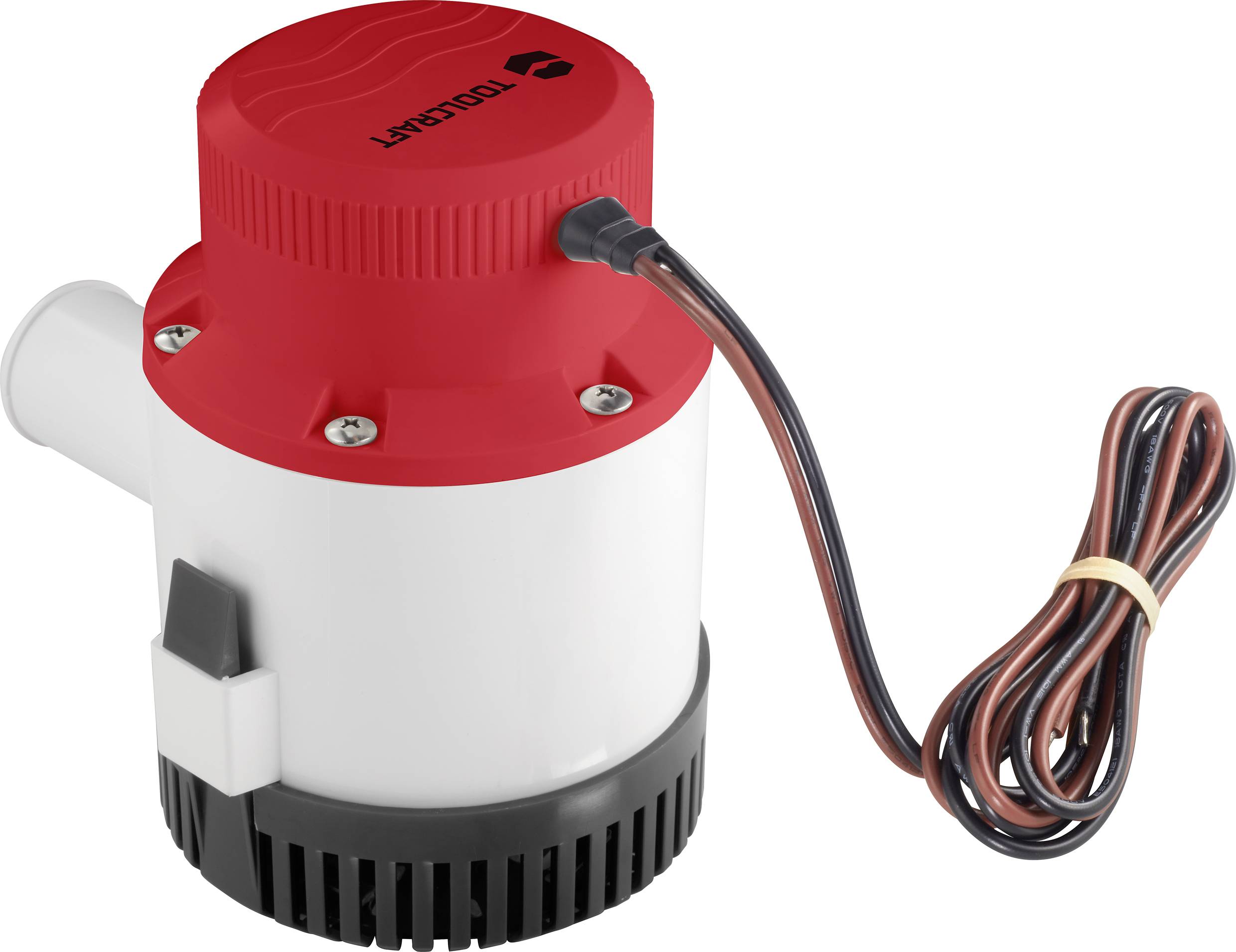 Small, red and white electric pump with cable, for pumping water in boats or other applications.