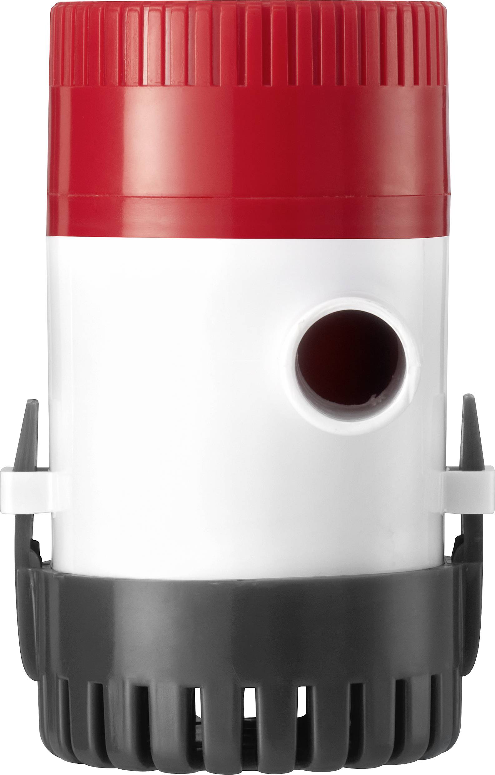 A red and white water pump with a black base, suitable for shallow water, identifiable by its side opening.