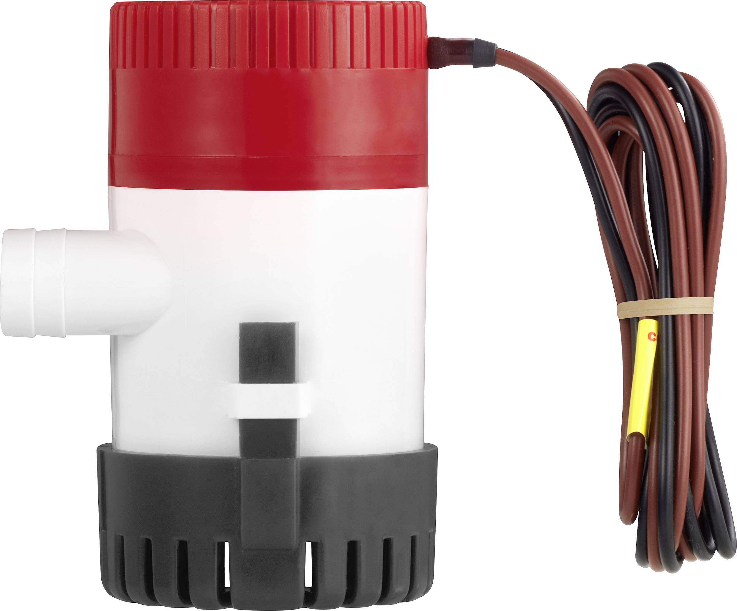 Small, cylindrical water pump with a red upper section, white middle section, and black lower section. Connected power cable.