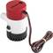 Small electric water pump with red lid and cable. Suitable for boats or aquariums for water removal or circulation.