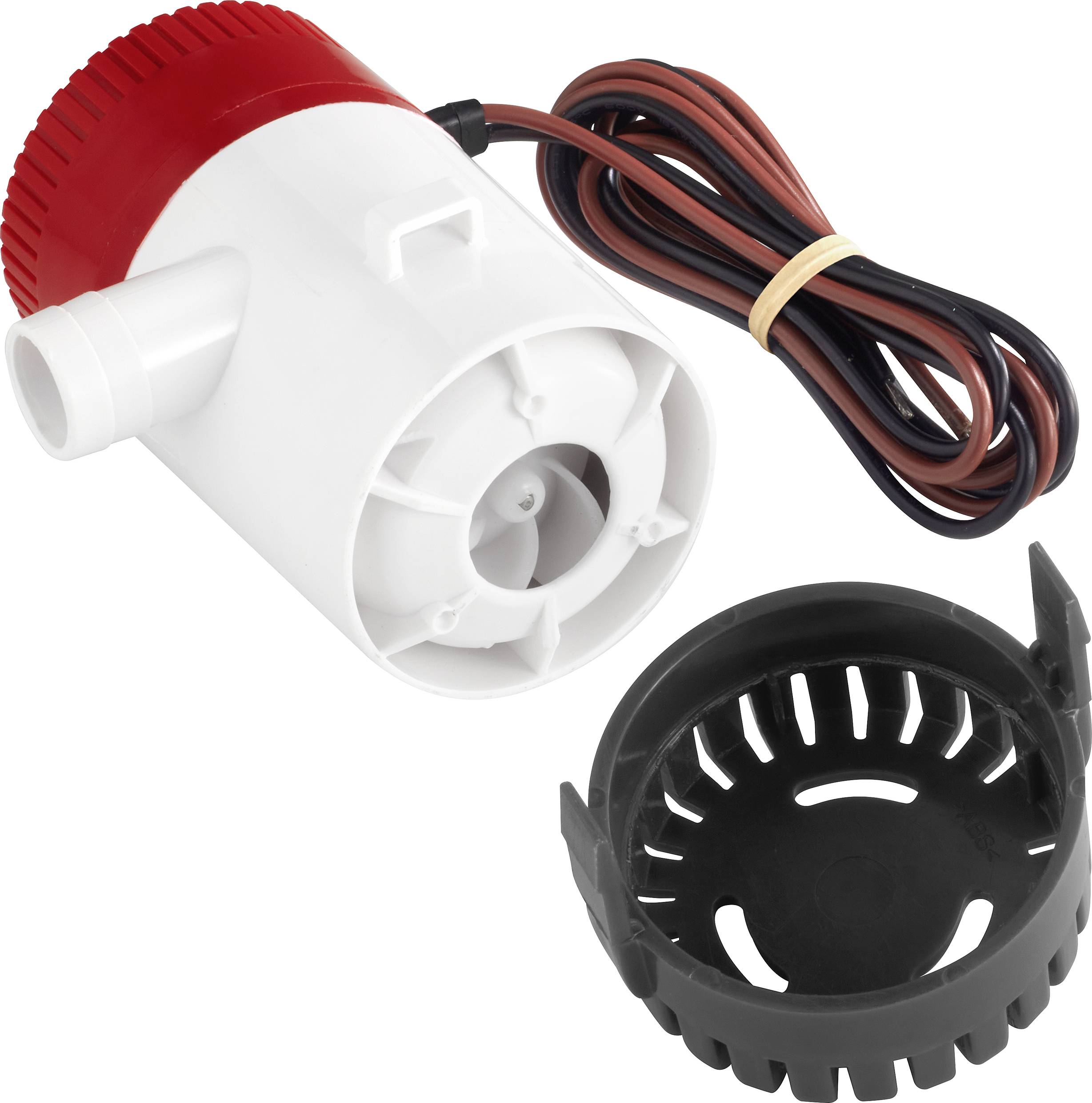 'Bilge pump in white with a red cap and black cables, with a black protective basket beside it. For removing water from boat compartments.'