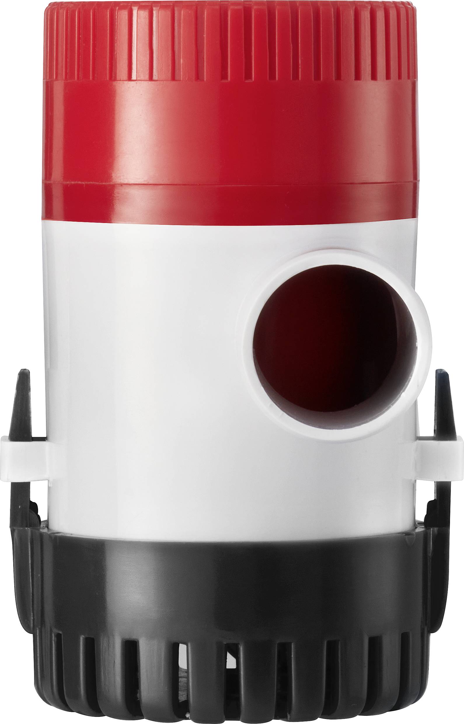 A red and white pump with a black grille at the bottom. At the top is a red screw-on cap. It stands upright.