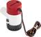 Small electric water pump with a red lid, black connector, and long cables for use in boats or recreational vehicles.