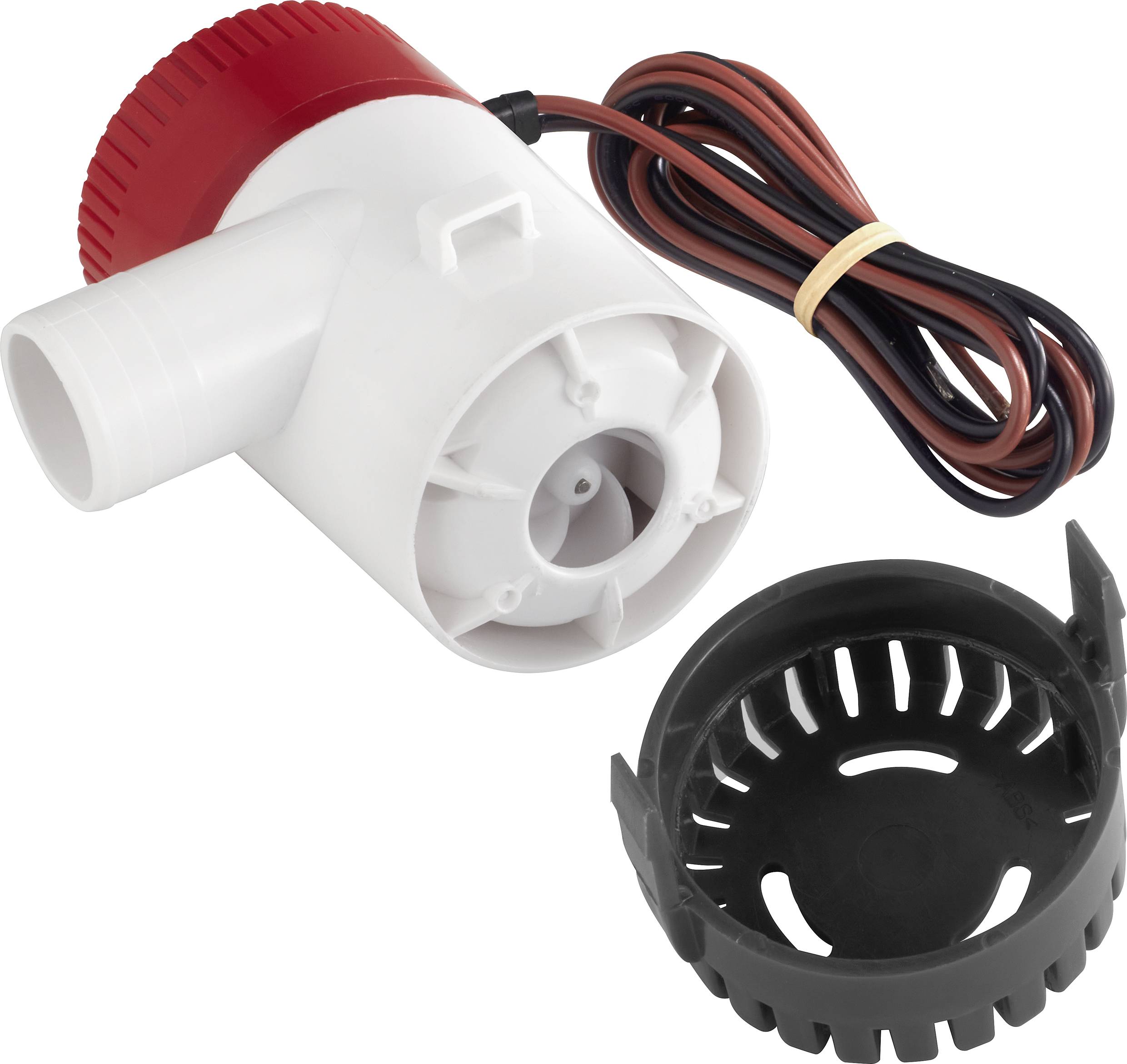 'Electric air pump with white casing and red top, removable black filter, power cable tied with a rubber band.'