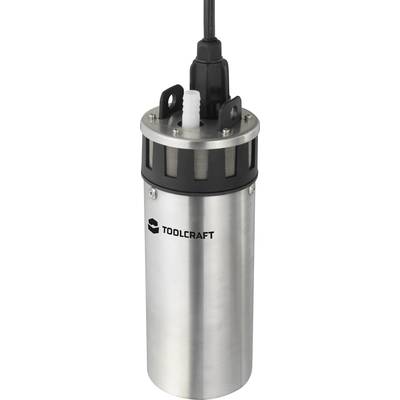 A silver, cylindrical water pump by TOOLCRAFT with cable connection and ventilation grilles, suitable for use in wells.