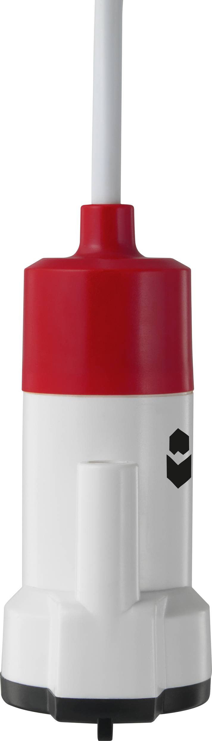 A white and red cylindrical sensor with a black symbol on the side, standing upright with a cable at the top.