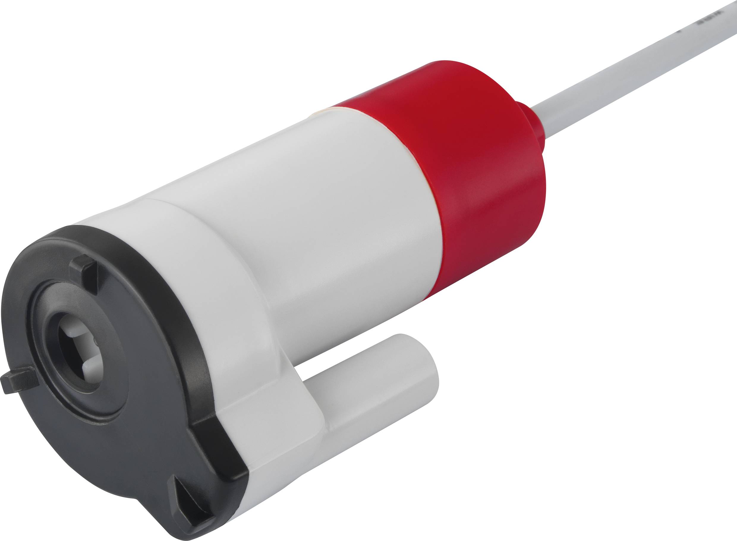 White and red cylindrical device with cable connection; possibly a pump or a technical component.