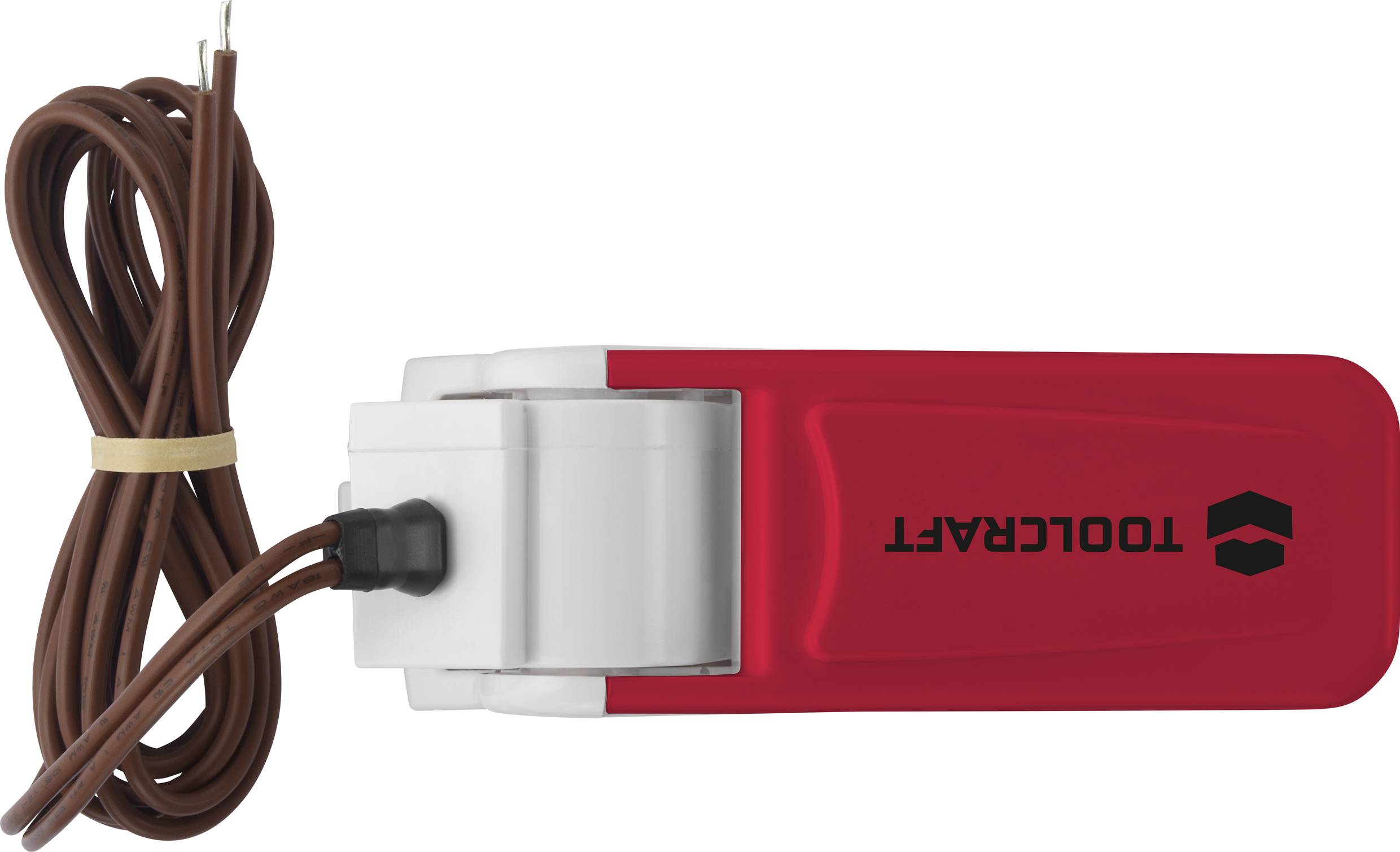 A red and white TOOLCRAFT device with a long, brown cable and a cord holder on the side.