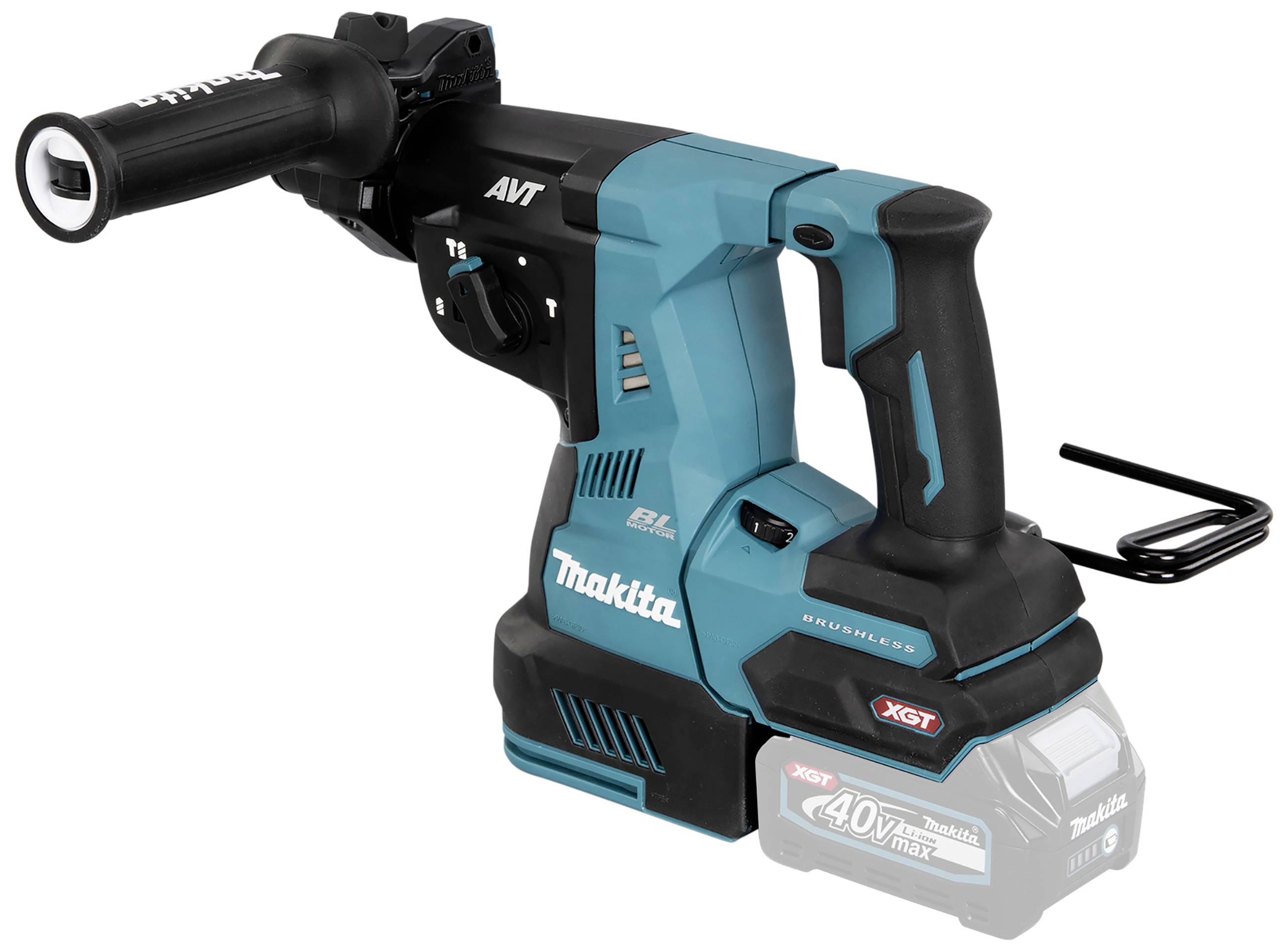 Blue cordless hammer drill with handle, 'Makita' printed on the side. Battery mount visible, battery itself missing.