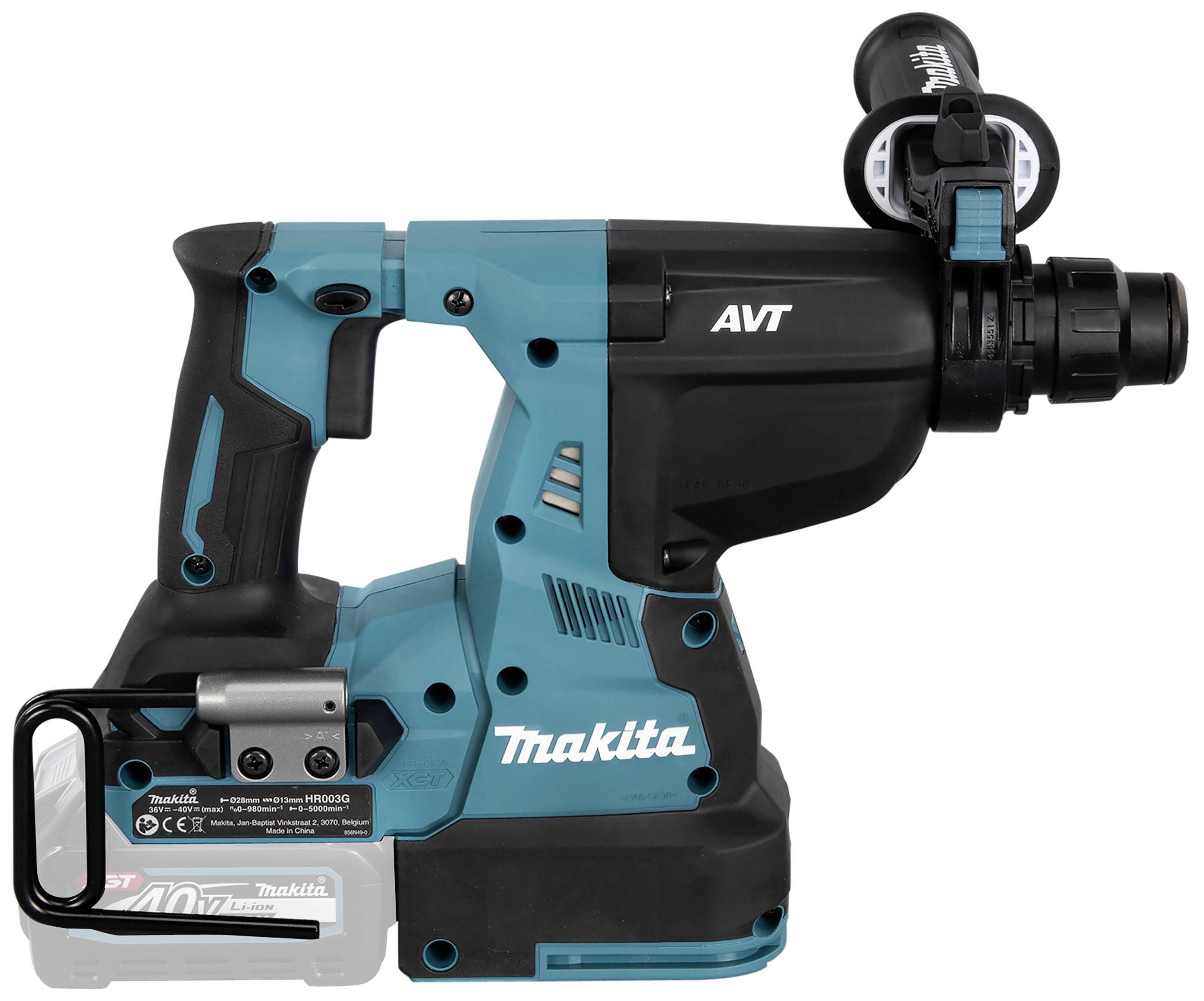 A cordless hammer drill with a blue-black casing, brand name printed on it. Equipped with a handle and battery.