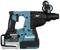 A cordless hammer drill with a blue-black casing, brand name printed on it. Equipped with a handle and battery.