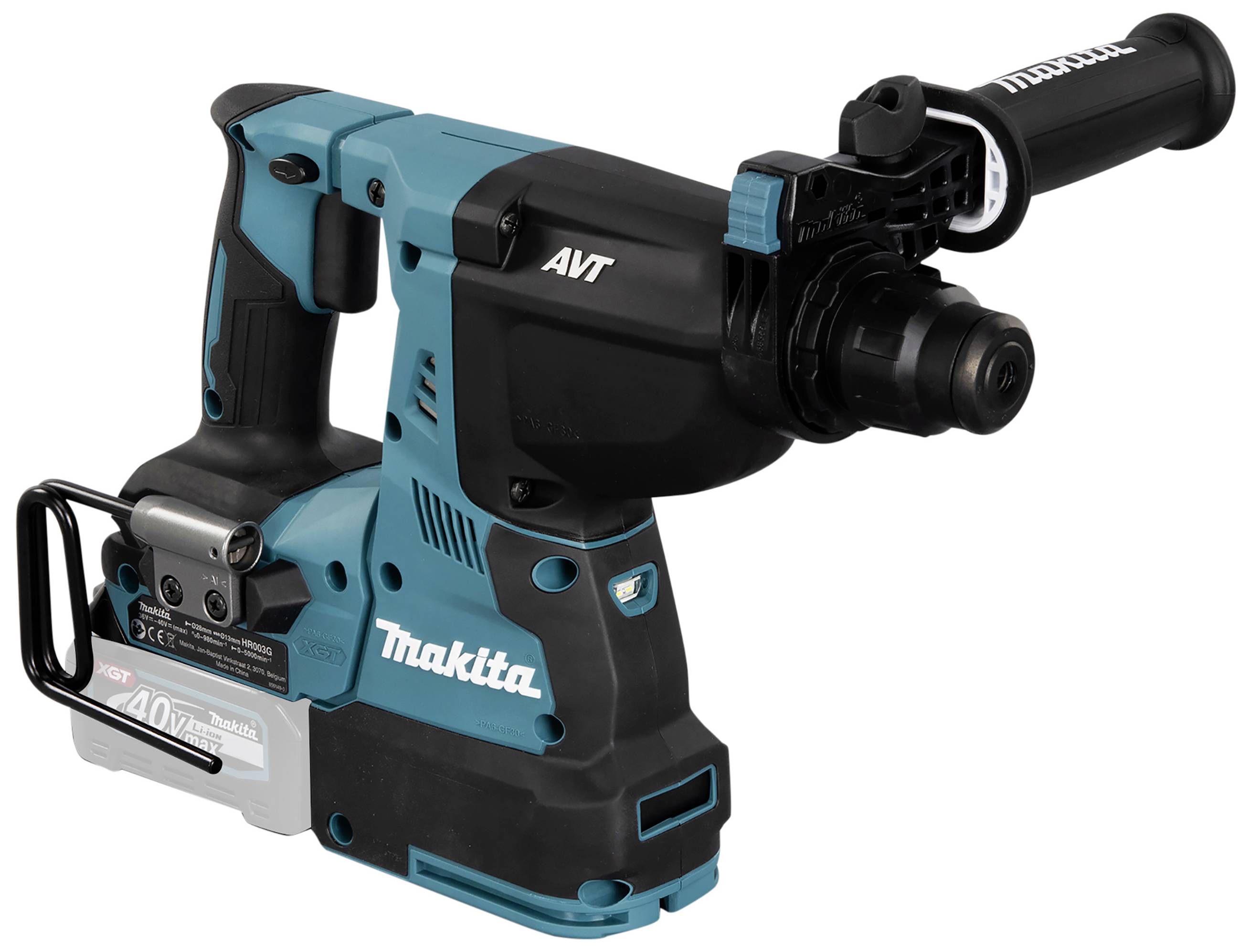 A blue and black drill hammer with a handle, battery-powered and featuring the 'Makita' label. Suitable for construction and renovation work.