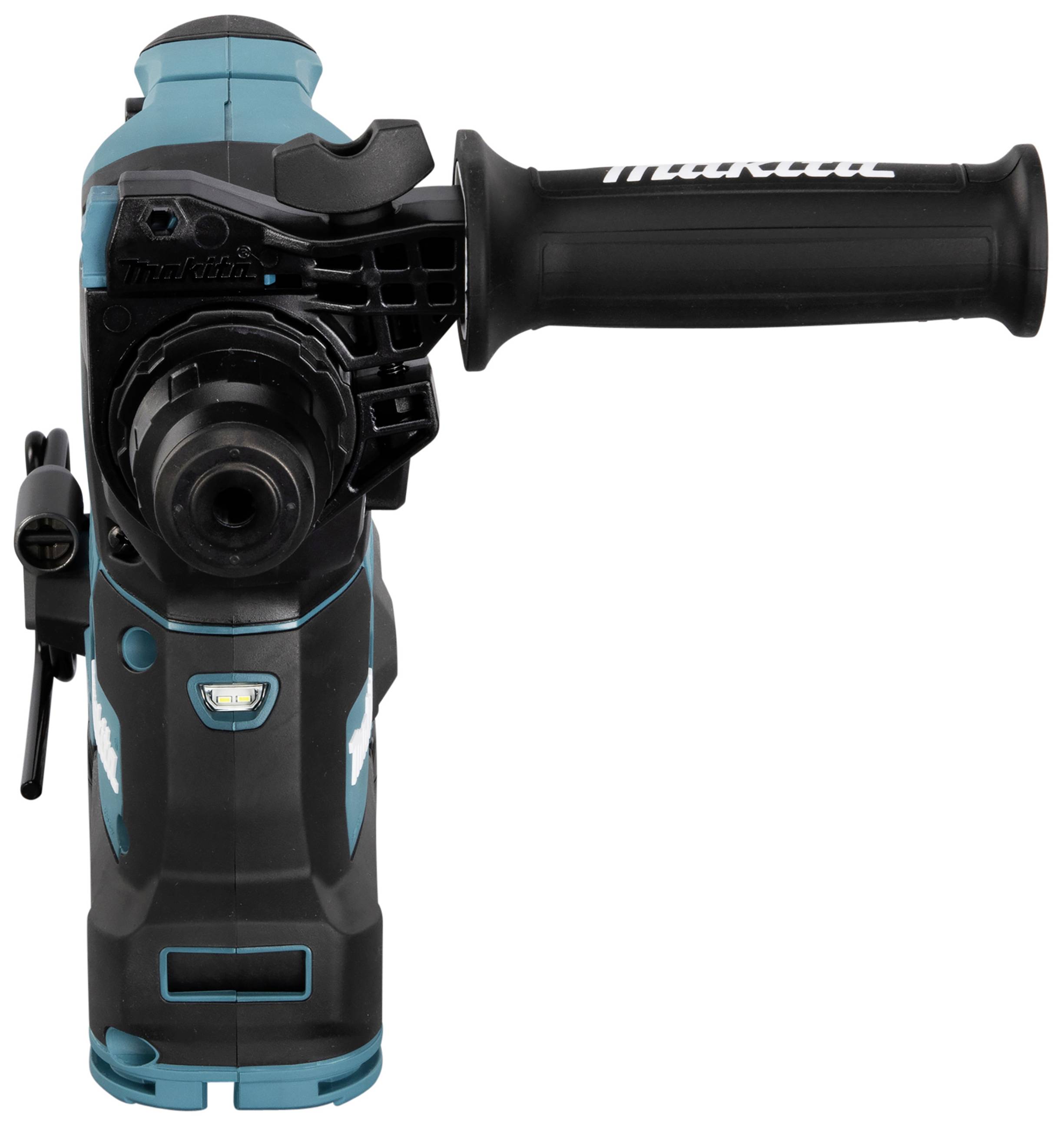 Visual representation of a drill hammer with adjustable side handle and blue-black housing, suitable for construction work.