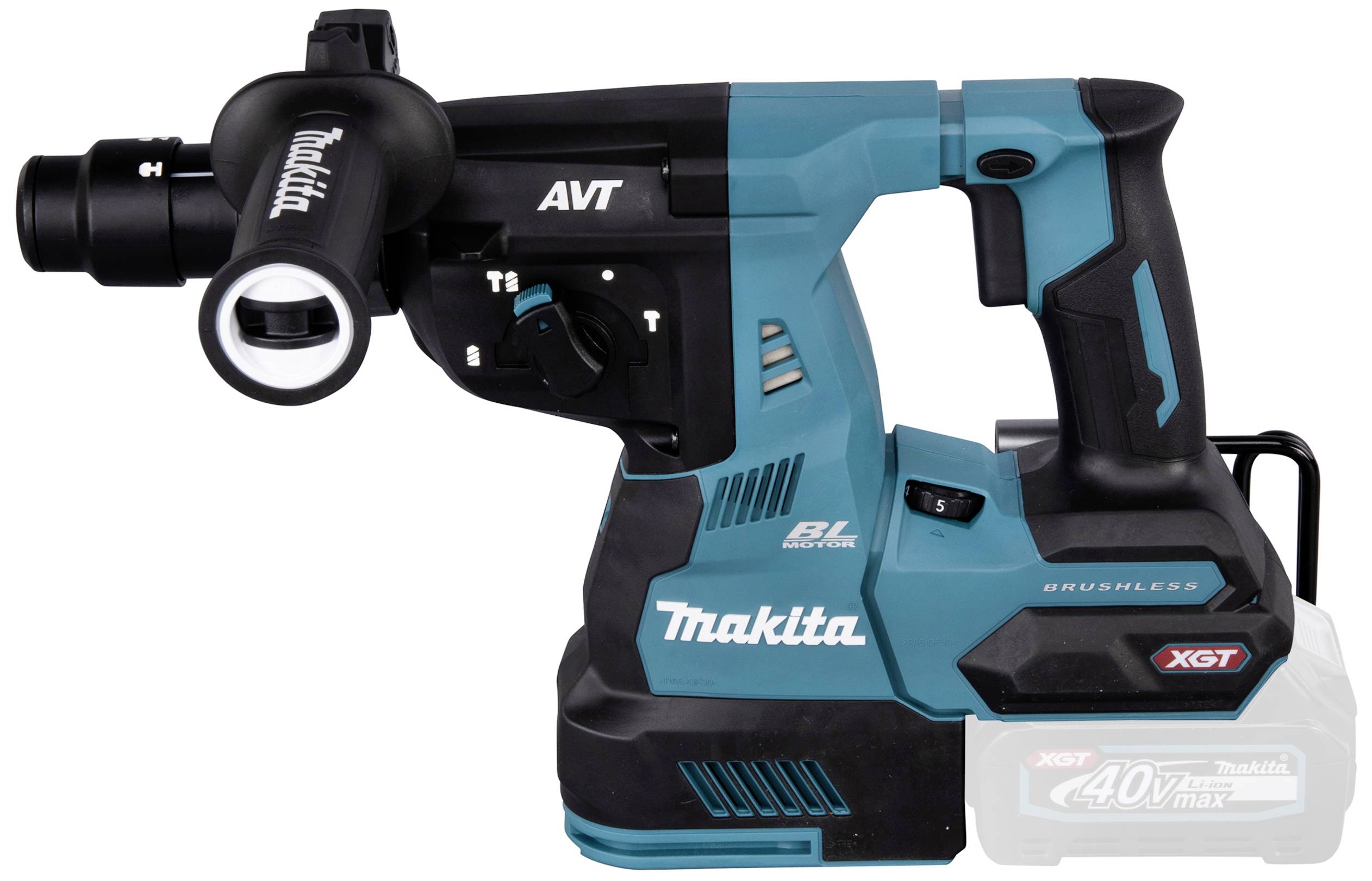 A blue and black cordless hammer drill with an ergonomic handle and battery housing, suitable for heavy-duty drilling work.