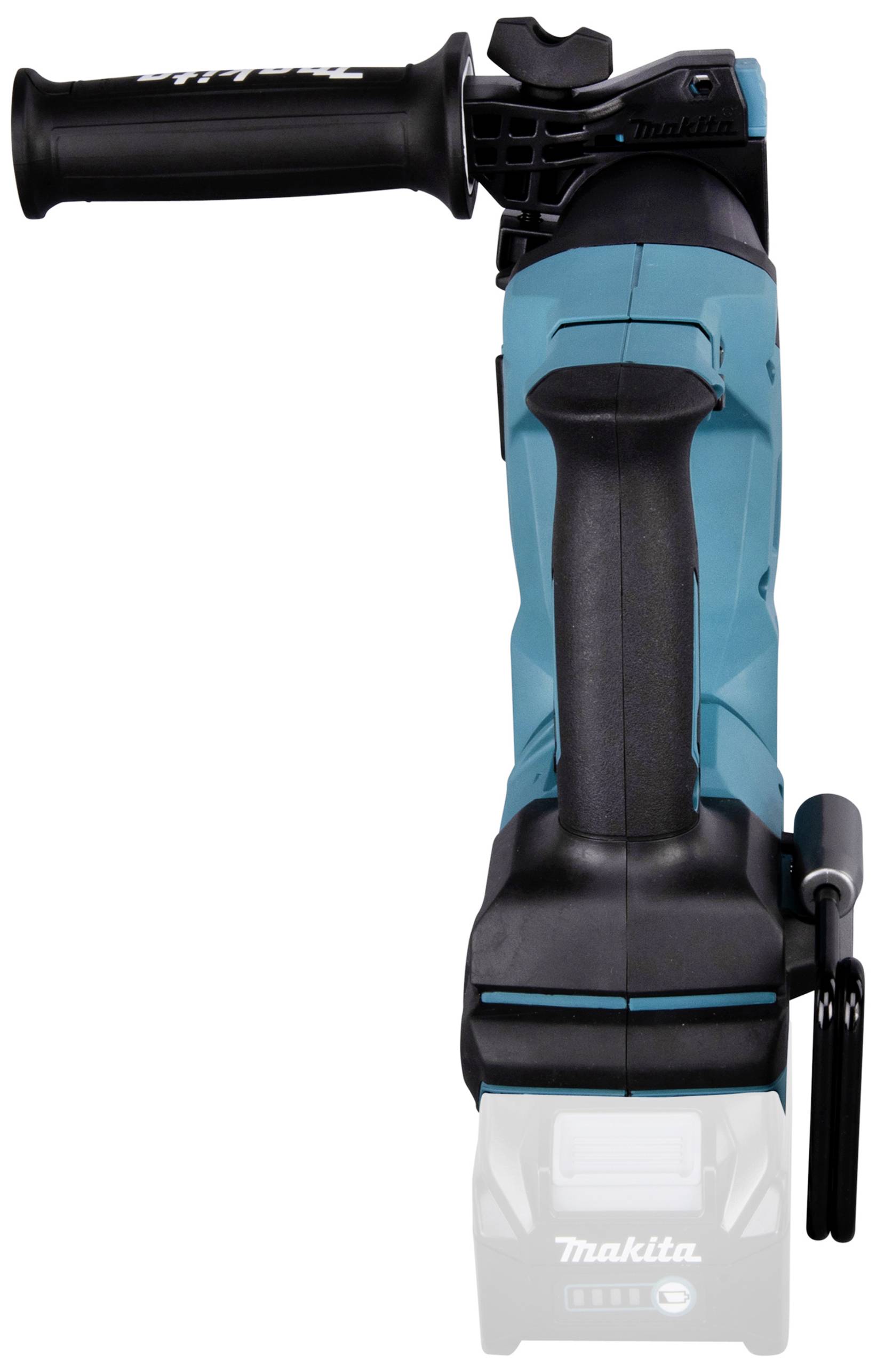 A cordless angle grinder in turquoise with a black handle and protective cover, shown from the front. Suitable for grinding and cutting work.