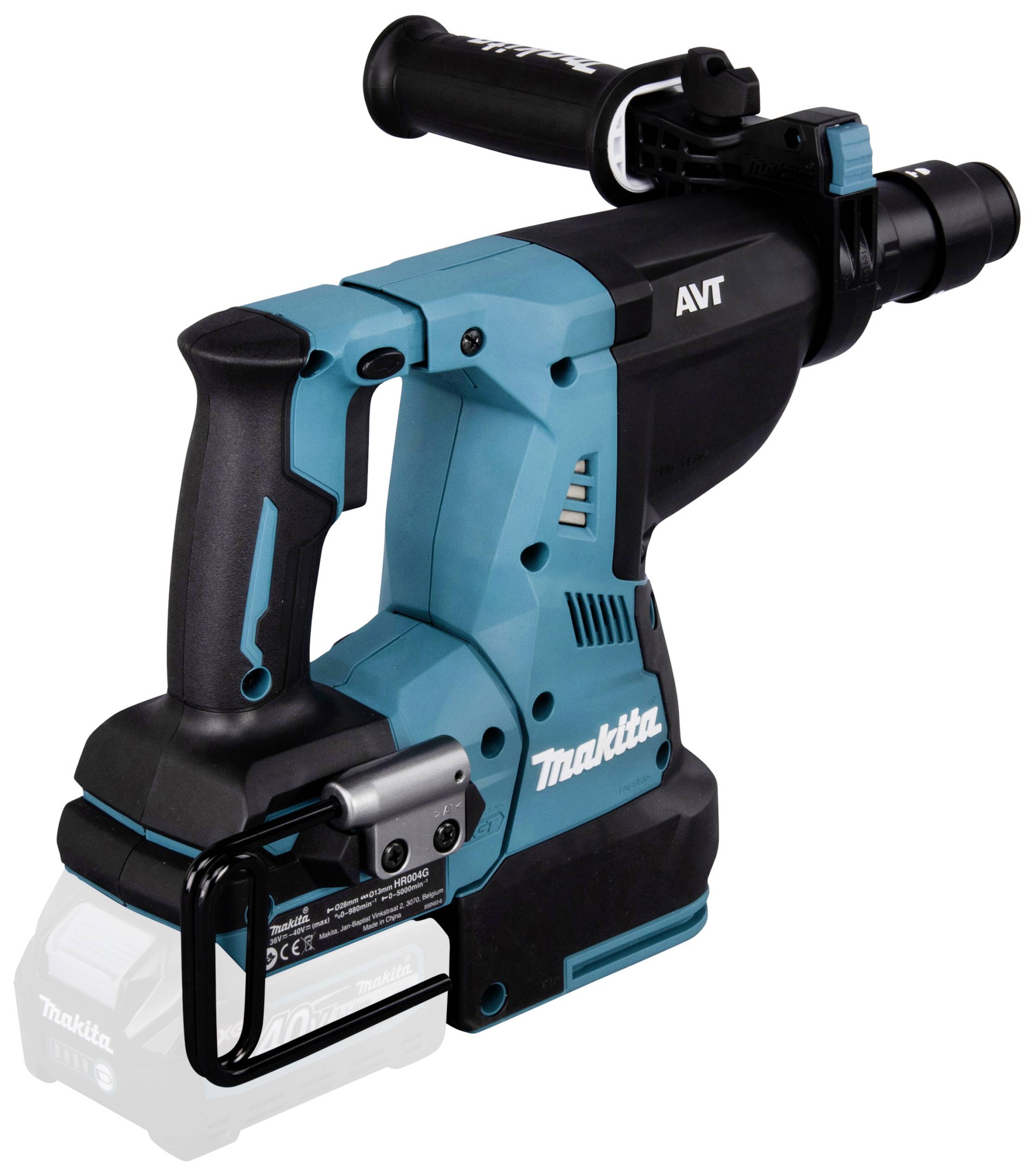 Blue and black electric power tool hammer by Makita with handle, switch and company logo; professional construction equipment.