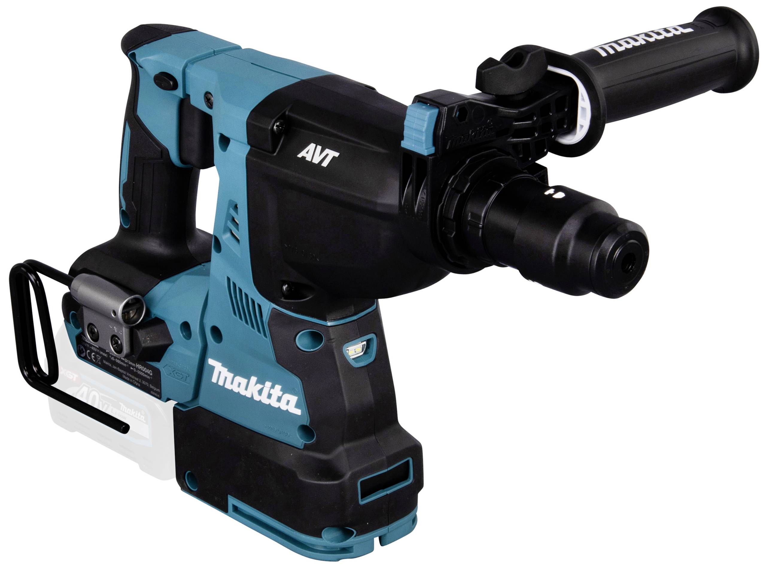A navy-blue Makita drill hammer with auxiliary handle, suitable for heavy-duty drilling and chiselling work.