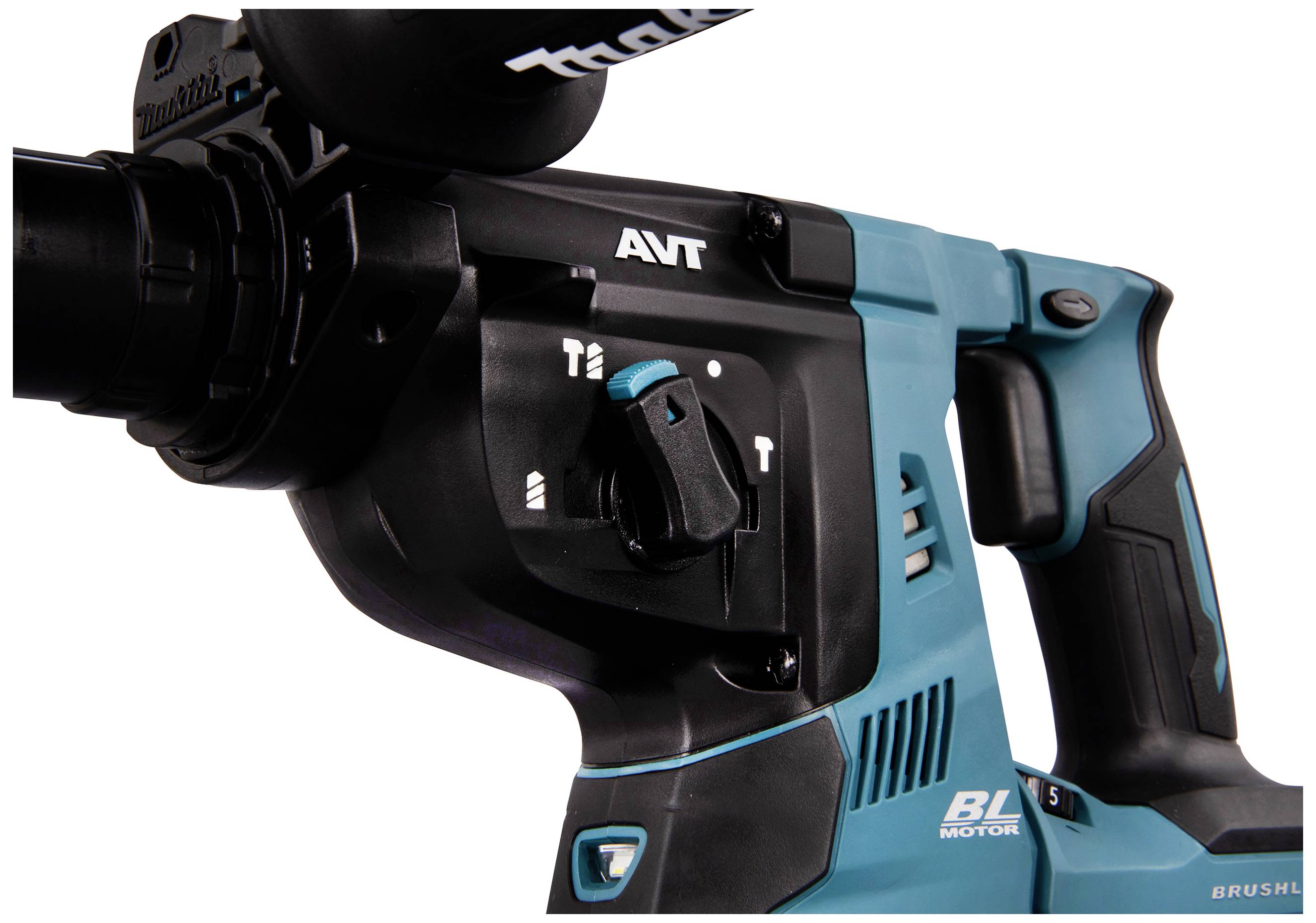 Close-up of a drill, blue-black in colour, with a rotary dial for controlling functions.