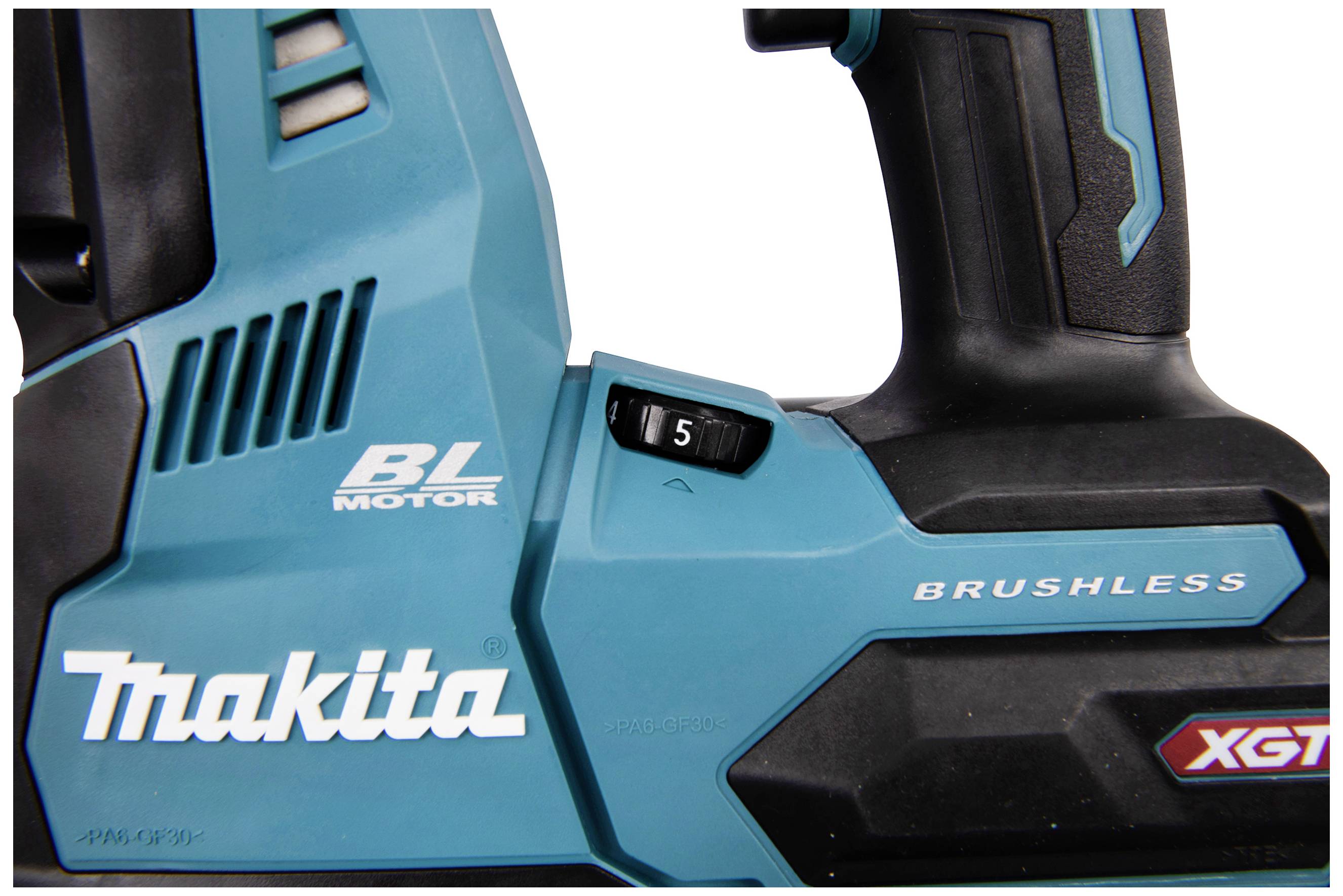 A navy-blue and black electric power tool with the inscription 'Makita BL Motor'. Contains a speed controller set to level 5.