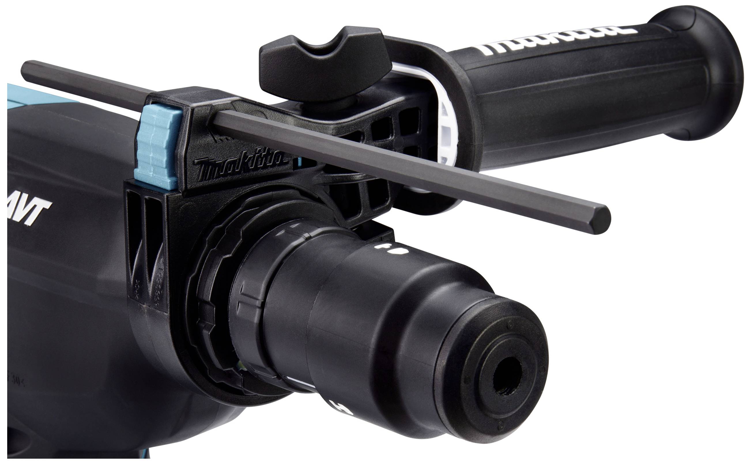 A close-up of a hammer drill with a black handle and metal drill bit. The device has a blue housing section.