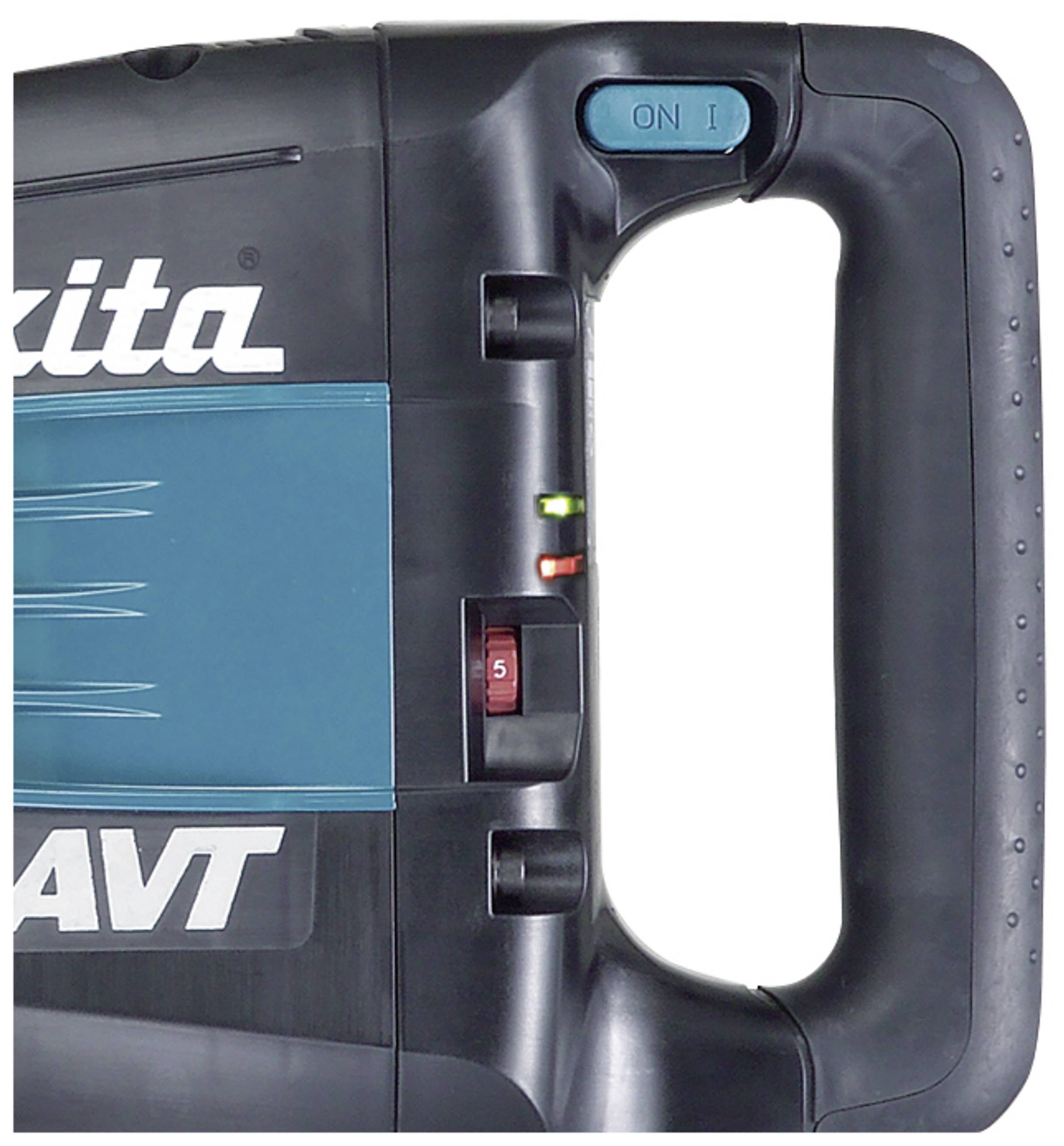 The close-up shows the handle of an electric tool with a green on/off switch and coloured indicator lights.